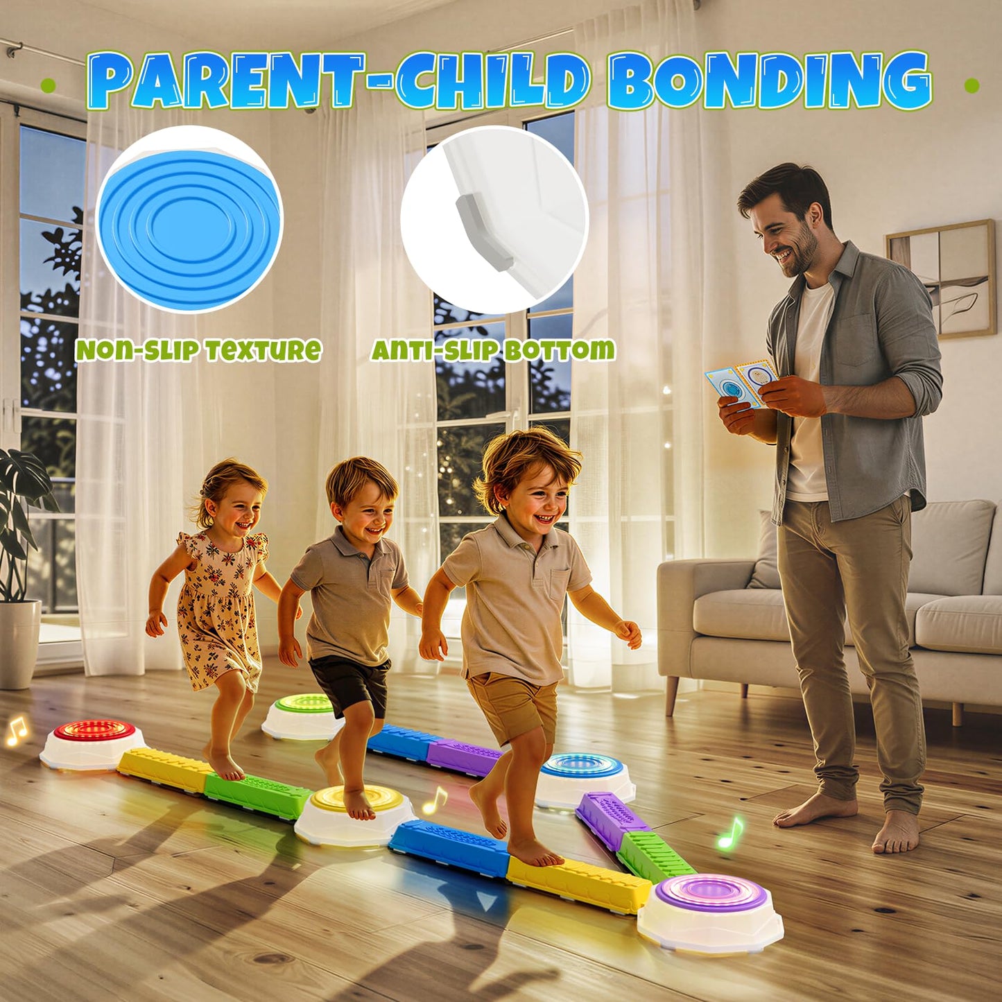 Wee Wonders Light Up Stepping Stones & Balance Beam for Kids, Step Stones with Piano Music, Game Spinner & 30 Cards, Non-Slip Sensory Obstacle Course Toys, Indoor Outdoor Gifts for Toddlers 3-5