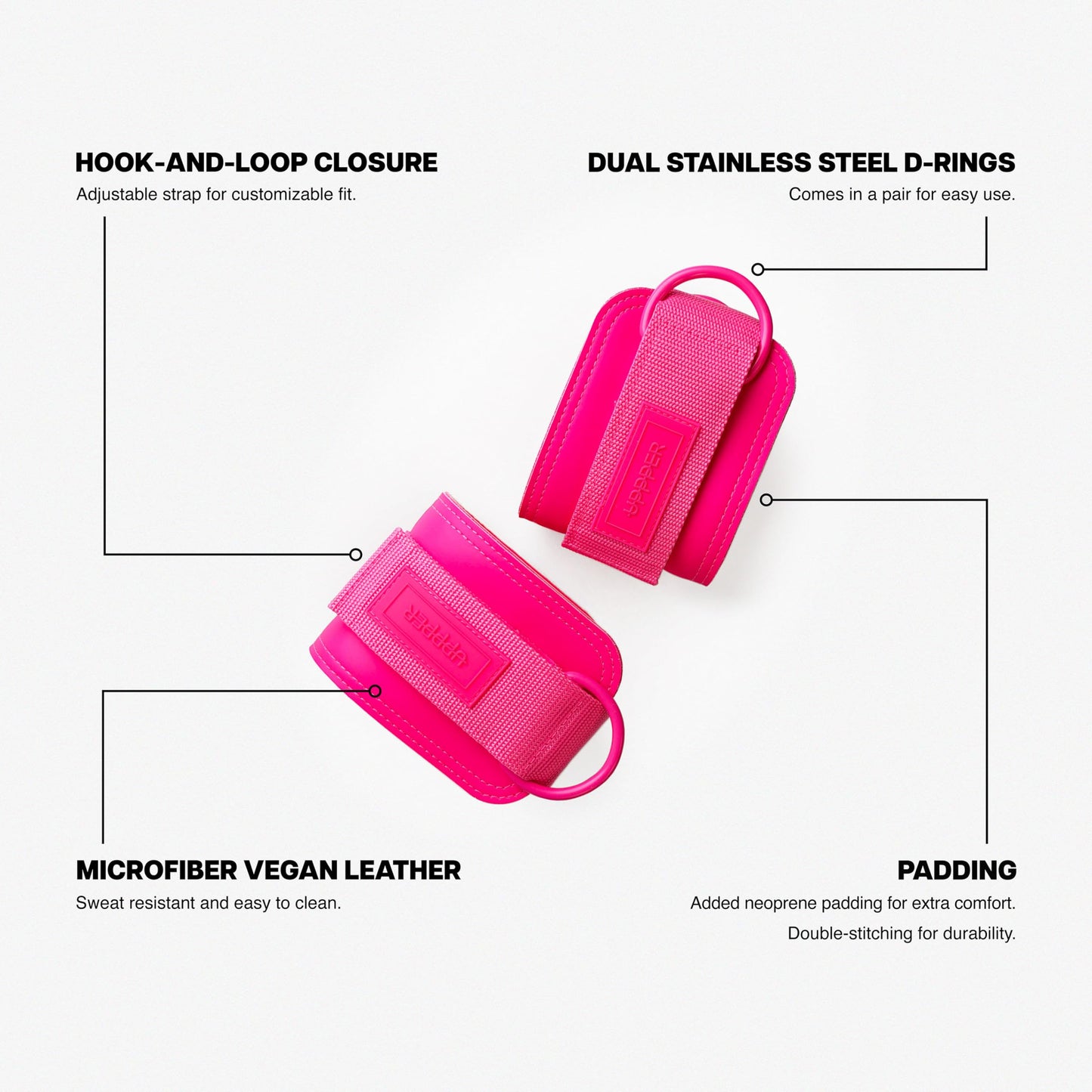 UPPPER Ankle Straps for Cable Machines (Pair) – Adjustable Padded Gym Cable Cuff Attachment, Double D-Ring, Premium Quality – Ideal for Kickbacks, Glute Workouts & Leg Exercises for Women & Men (Neon Pink)