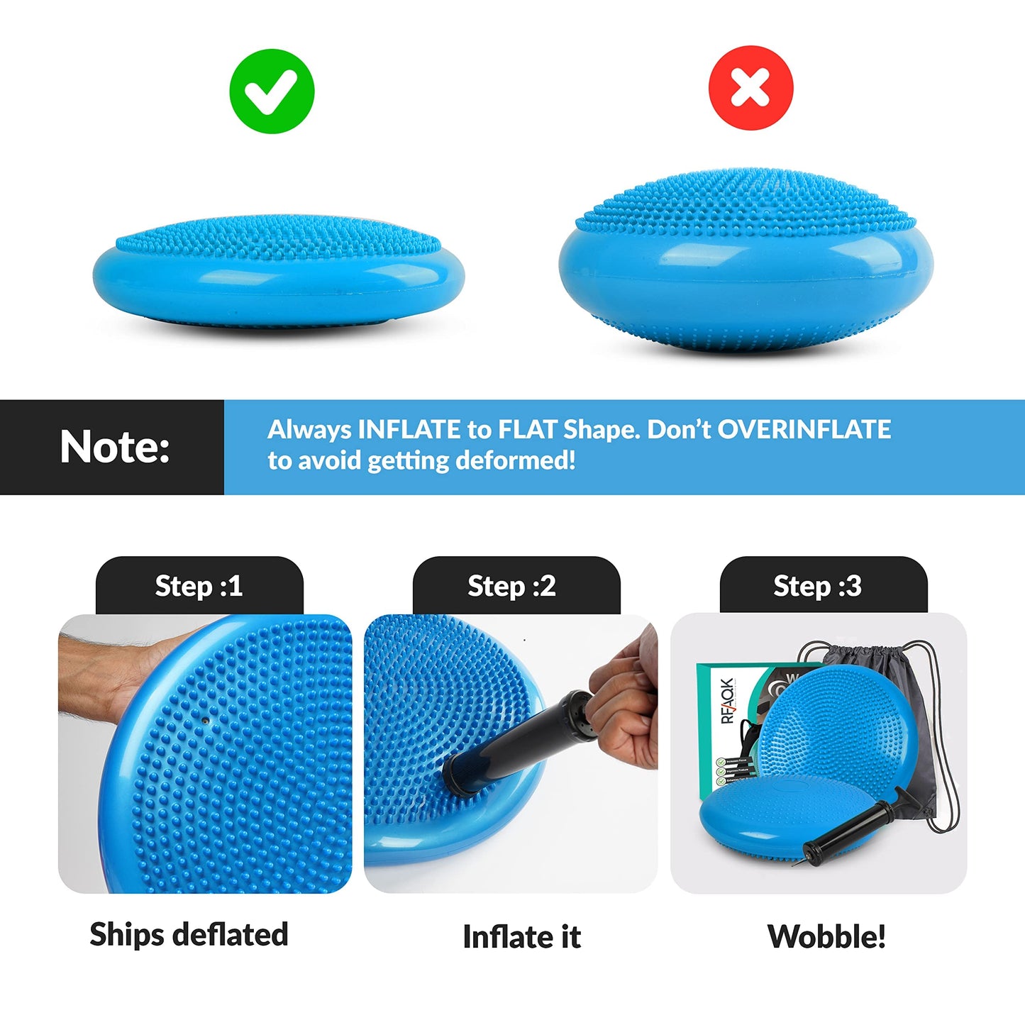 RFAQK Inflated Air Stability Wobble Cushion - Wiggle Seat to Improve Sitting Posture & Attention, Stability Balance Disc for Physical Therapy Exercise [Extra Thick, Pump, Bag, E-Book Included] (Blue)