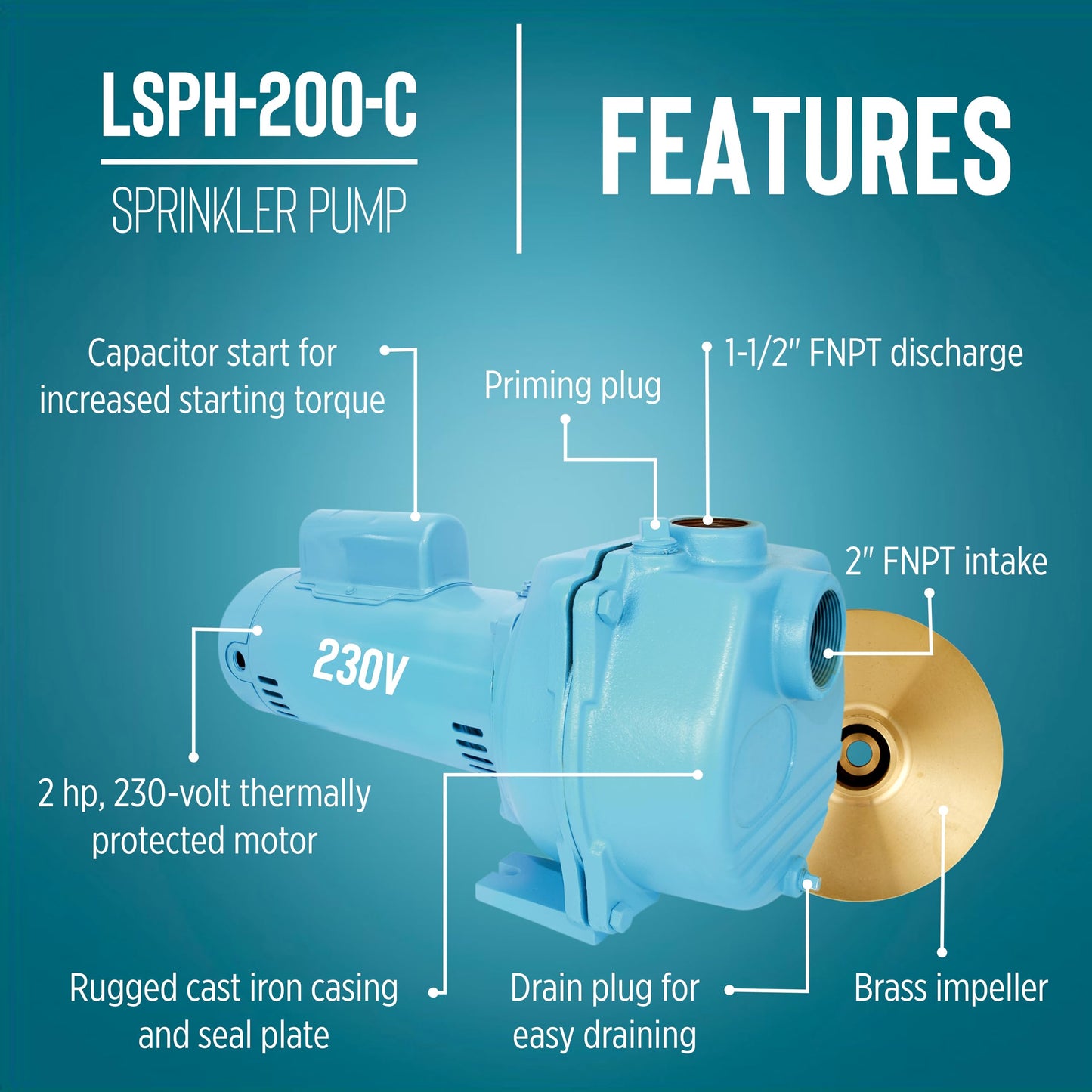 Little Giant LSPH-200-C 2 HP, 230 Volts, 84 GPM, 57 PSI High Pressure Sprinkler/Irrigation Pump, Blue, 558298