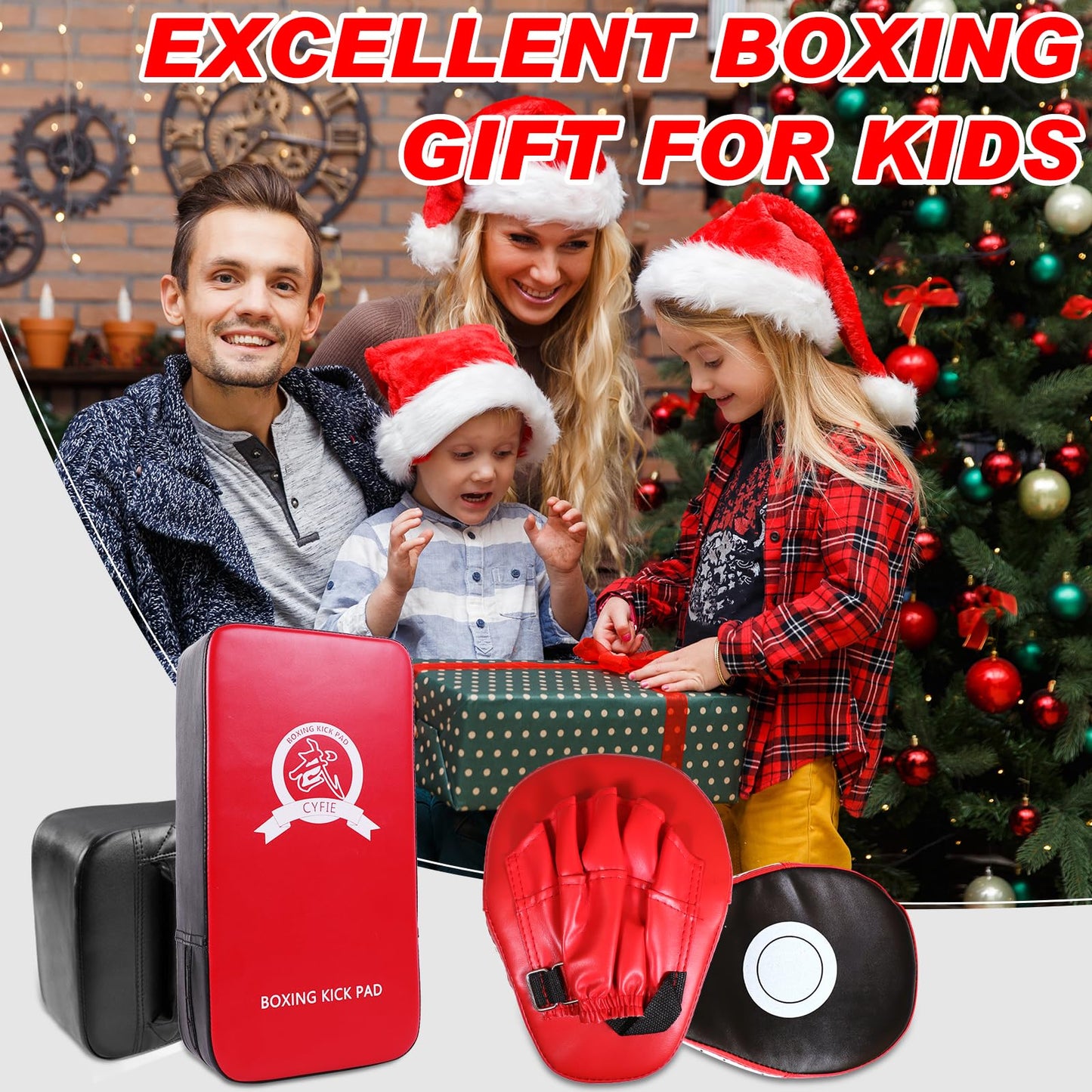 CYFIE 2 in 1 Boxing Equipment Boxing Strike Pads Punching Mitts Set, Boxing Mitts and Pads for Muay Thai, Karate, Taekwondo, Martial Arts Training at Home Gym, Karate Kick Pads for Kids, Youth (Red)
