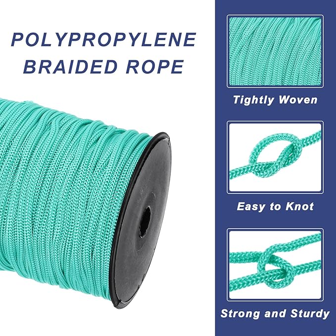 MECCANIXITY 3/16 Inch Polypropylene Rope Braided Ropes, 328ft Nylon Rope Hollow Utility Cord for Clothesline, Camping, Hiking, Outdoor, Teal Blue