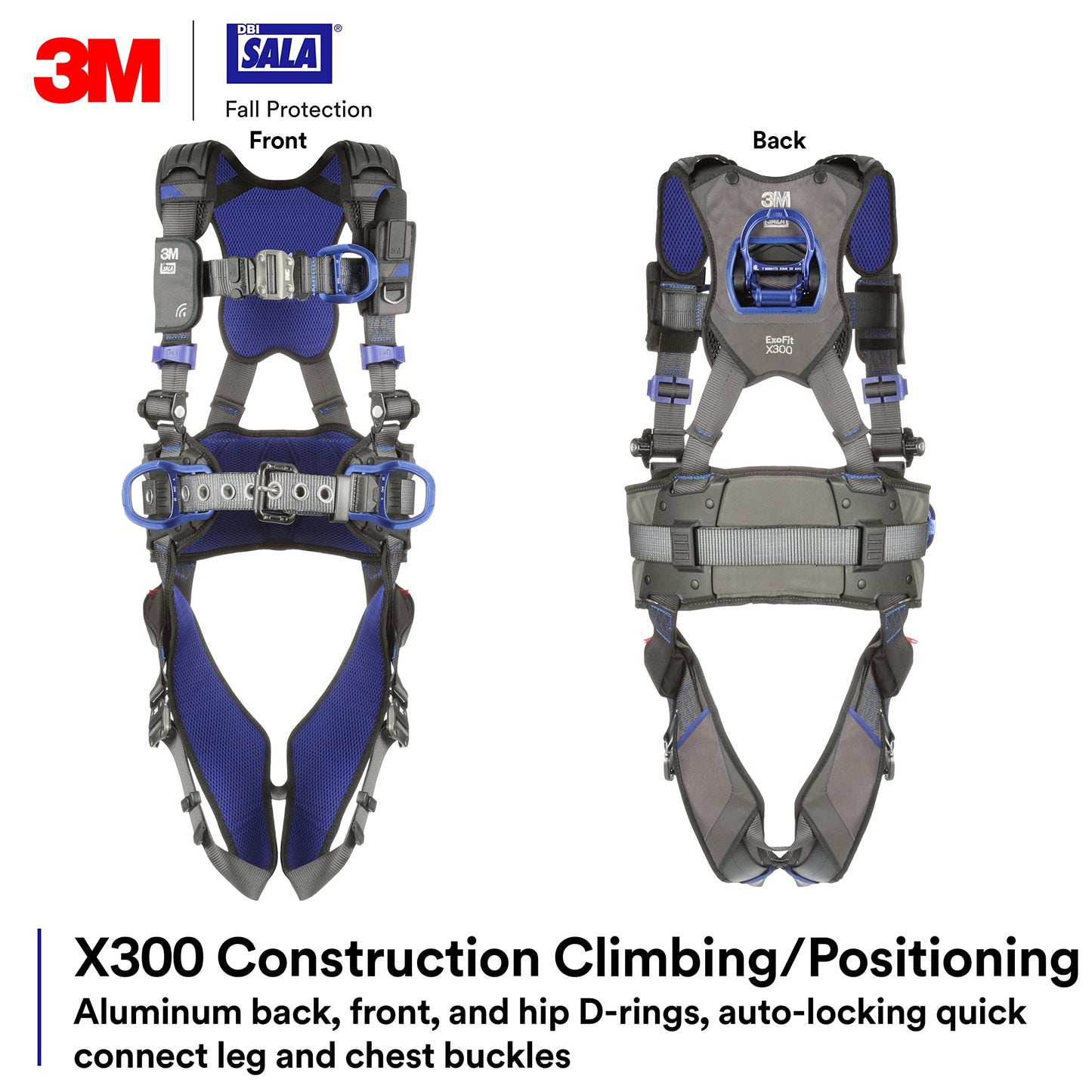 3M 1113154 DBI-SALA ExoFit X300 Comfort Construction Climbing Positioning Safety Harness Fall Protection, Aluminum Back, Front, Hip D-Rings, Auto-Locking Quick Connect Leg and Chest Buckles, Medium