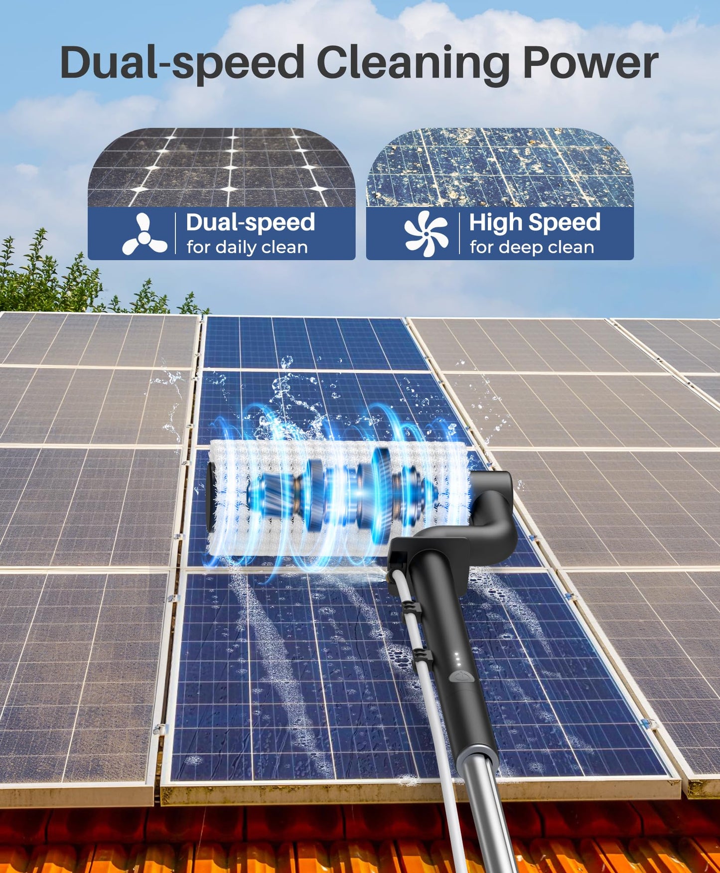 LyriFine Electric Solar Panel Cleaning Brush and Pole Kit, 20Ft Extendable Washing Kit with Water Fed Pole, 2 Speed & Soap Dispenser, Outdoor Window Cleaning Tool for Solar Panel, Window, Roof, RV