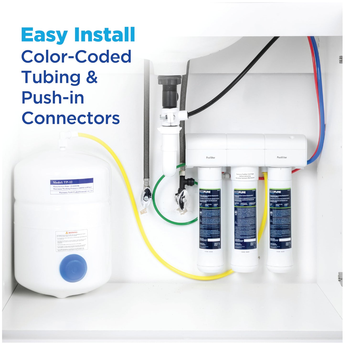 EcoPure ECOP30 Premium Reverse Osmosis System – Under Sink Drinking Water Filter System – NSF-Certified – Reduces Lead, Chlorine, and TDS –Bottled-Quality Water – Easy Filter Changes