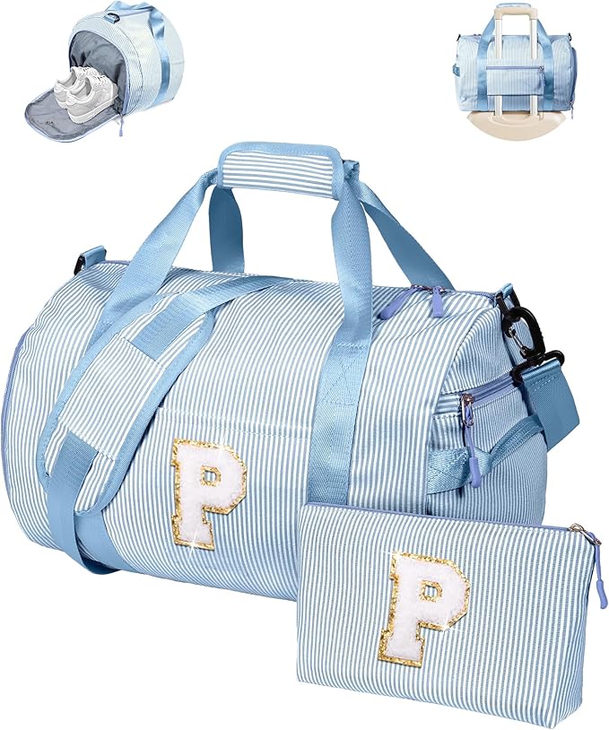 Tween Girls Trendy Stuff, Girl Gym Bag, Kids Initial Overnight Duffel Bags with Shoe Compartment, Personalized Travel Bag with Makeup Pouch, 12 13 14 15 16 17 18 Years Old Gifts (Letter P)