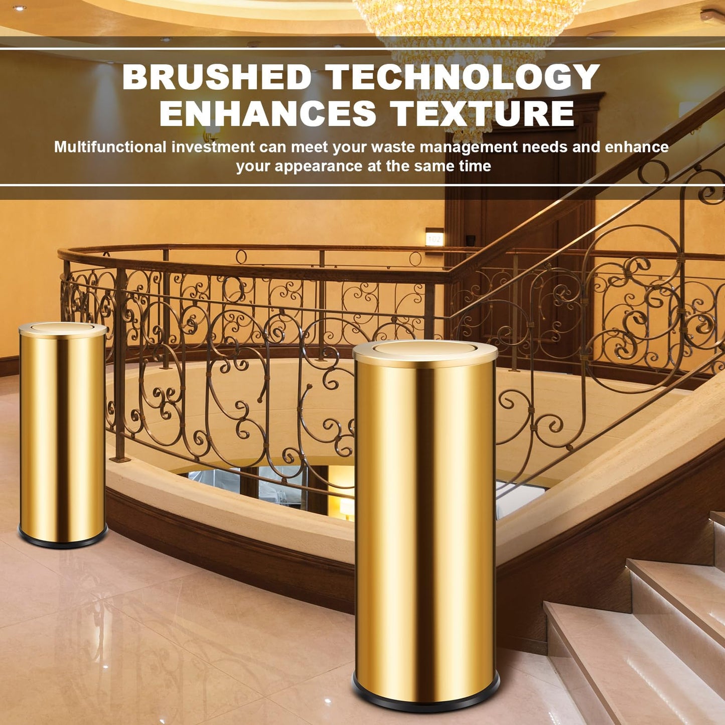 Reallnaive 2 Set 30L/8GAL Gold Lidded Trash Can with 200 Garbage Bags Metallic Gold Brass Kitchen Garbage Bin with Flip Lid Commercial Compact Waste Basket for Shopping Centers, Elevator Doors, Hotels