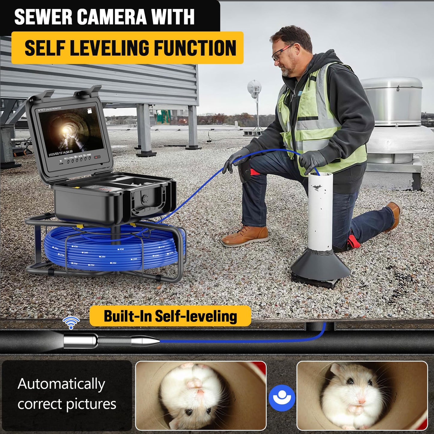 Anysun Sewer Camera with 512Hz Sonde, Self-Leveling 9" HD Screen DVR Recorder, 32GB Card, IP68 Waterproof Plumbing Pipe Borescope Inspection, 7mm Cable with Meter Marks(300FT)
