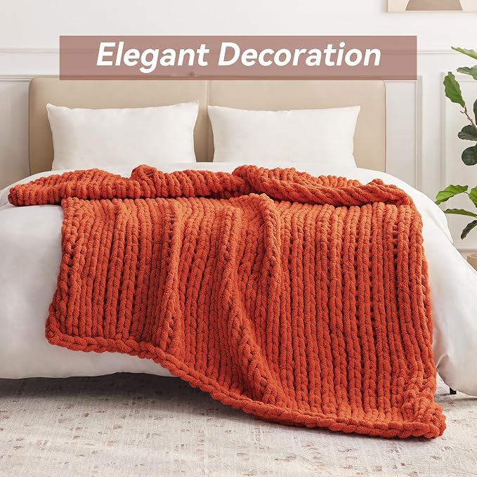 Negwoo Chunky Knit Throw Blanket, 30''*40'' Fall Throw Blanket Knitted Chenille Yarn for Bed Couch, Handmade Orange Crochet Big Thick Blanket, Machine Washable Cute Comfy Blankets for Home Decor