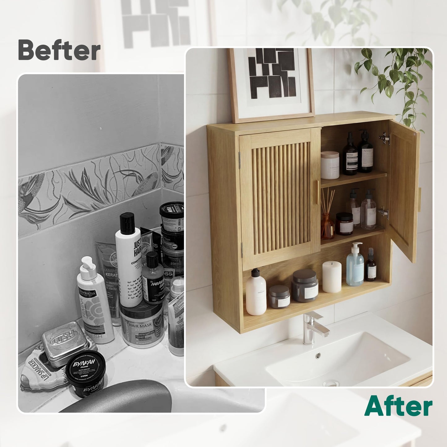 Smuxee Bathroom Cabinet Wall Mounted, Wooden Medicine Cabinet with Fluted Doors & Adjustable Shelf, Bathroom Cabinet for Bath Room, Living Room, Laundry Room