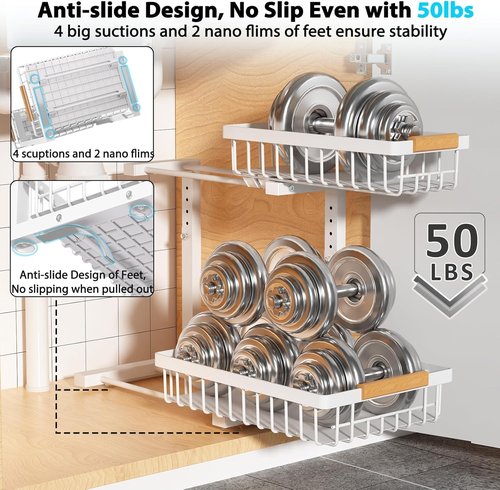 Liuoud Under Sink Organizer - 2 Pack Adjustable 2-Tier Storage Solution for Kitchen & Bathroom - White