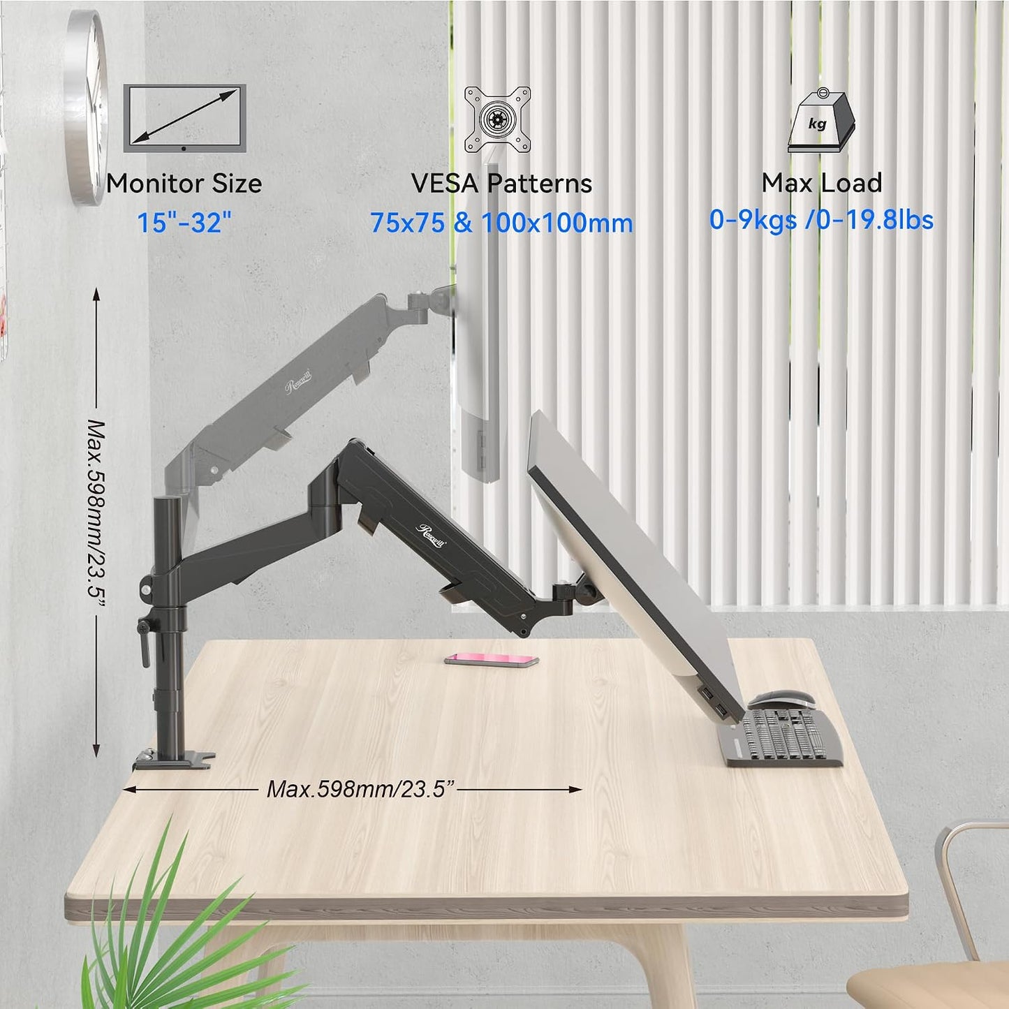 Rosewill 15-32 inch 19.8lb, Single Adjustable Monitor Arm Desk Mount Fits Screen, Holds Gas Spring Monitor Stand, Full