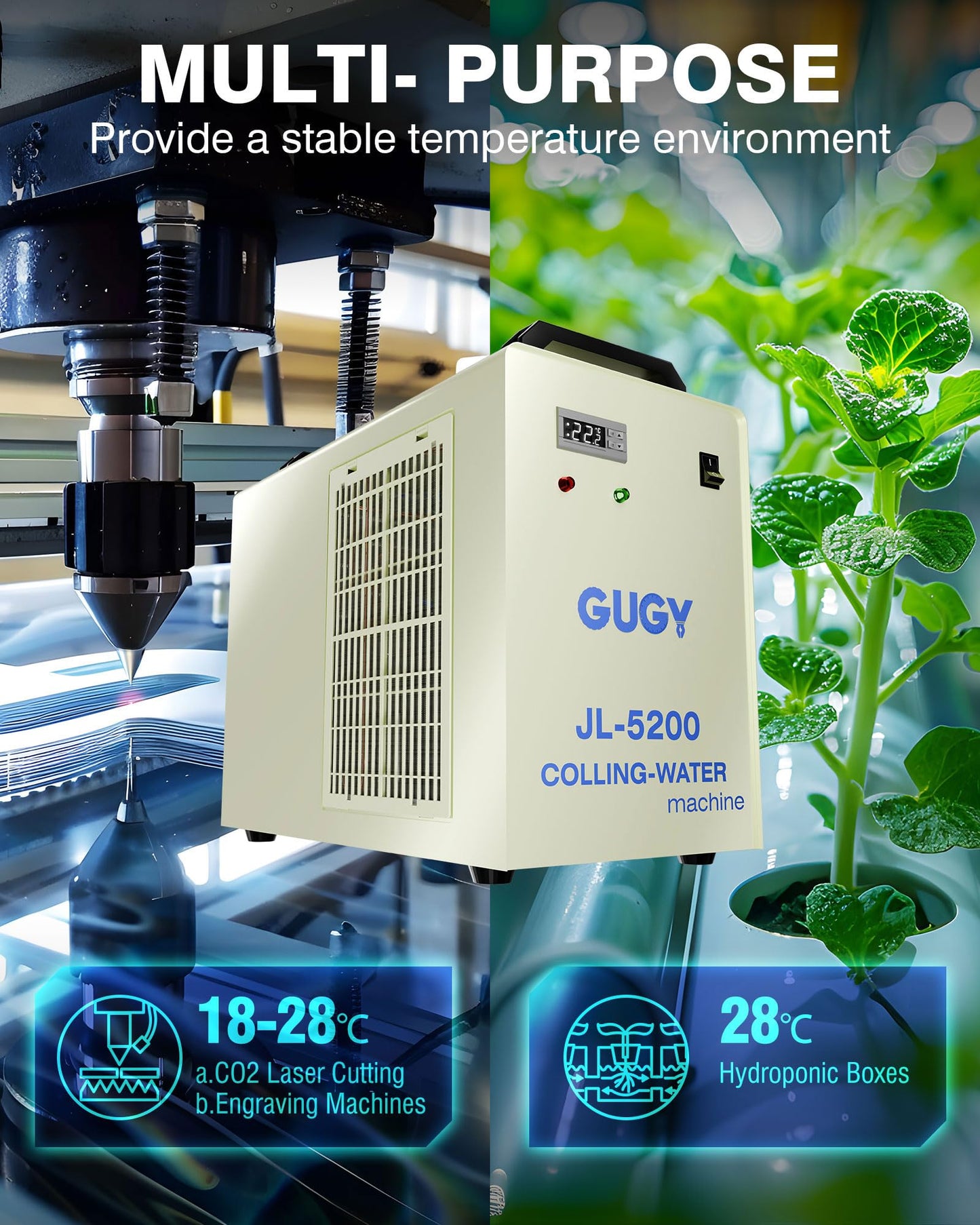 GUGY JL-5200 6.5L Evercold Industrial Water Chiller 0.81HP 3.43gpm 5699Btu/h Water Chiller Cooling System with 2 Inlets & Outlets for 60W 70W 80W 90W 100W 120W 130W 150W CO2 Laser Engraving Machines