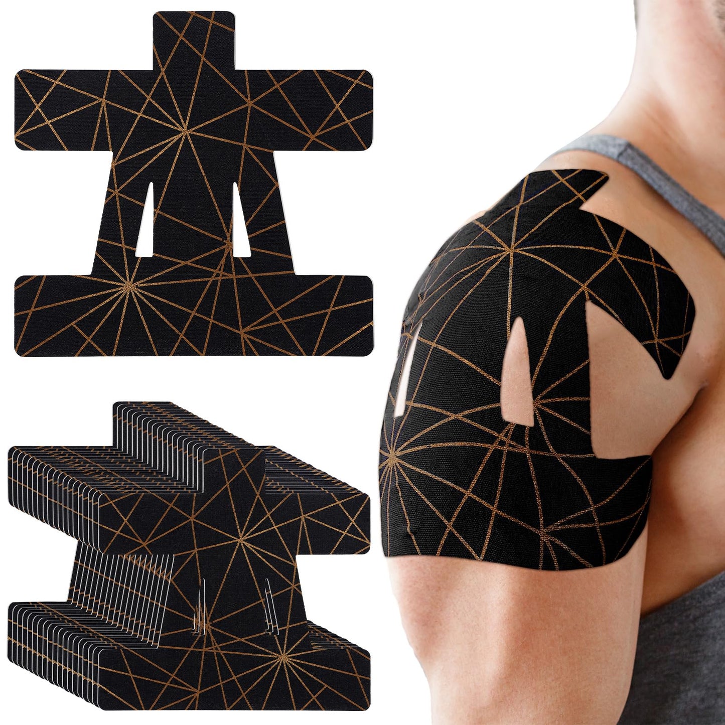 Geiserailie 20 Pcs Precut Kinesiology Tape for Shoulder, Pain Relief Pre Cut Sports Waterproof Breathable Enhance Elastic Copper Infused Kinesiology Athletic Tape for Body Support and Muscle Black