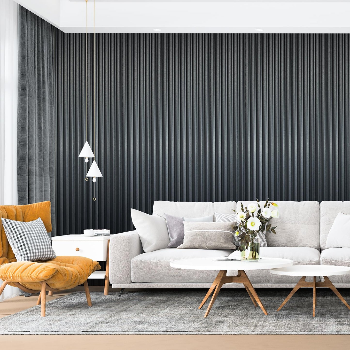 Art3d 8 Pack WPC Wainscoting Panels, 104" x 6.3" Slat Wall Paneling, Glossy Metal Finish 3D Wall Panels, Wavy Panels for Interior Wall Decor, Living Room, Bedroom - Steel Gray