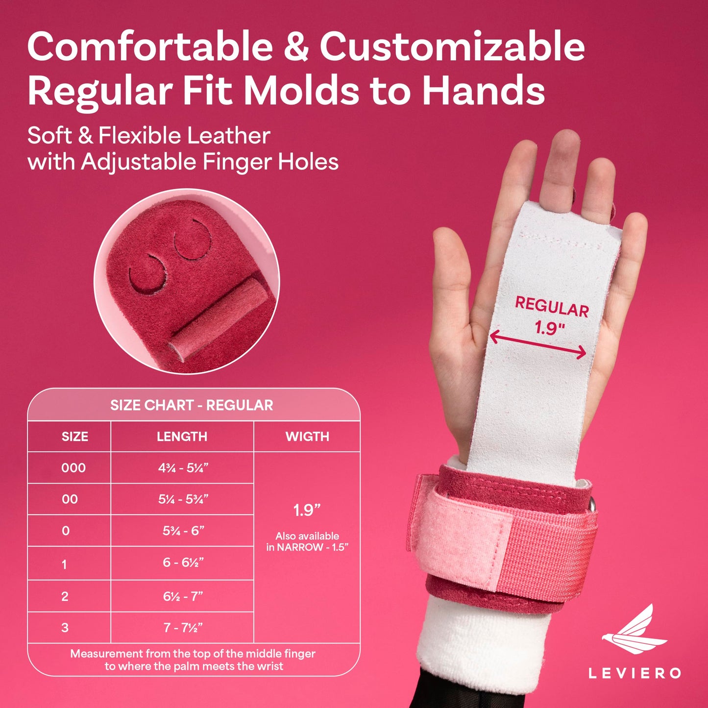 LEVIERO Gymnastics Grips Set, Grips for Gymnastics Girls, Dowel Grips with Soft Leather, Hook and Loop Wrist Straps, and Adjustable Finger Holes, for All Ages - (Pink, 2)