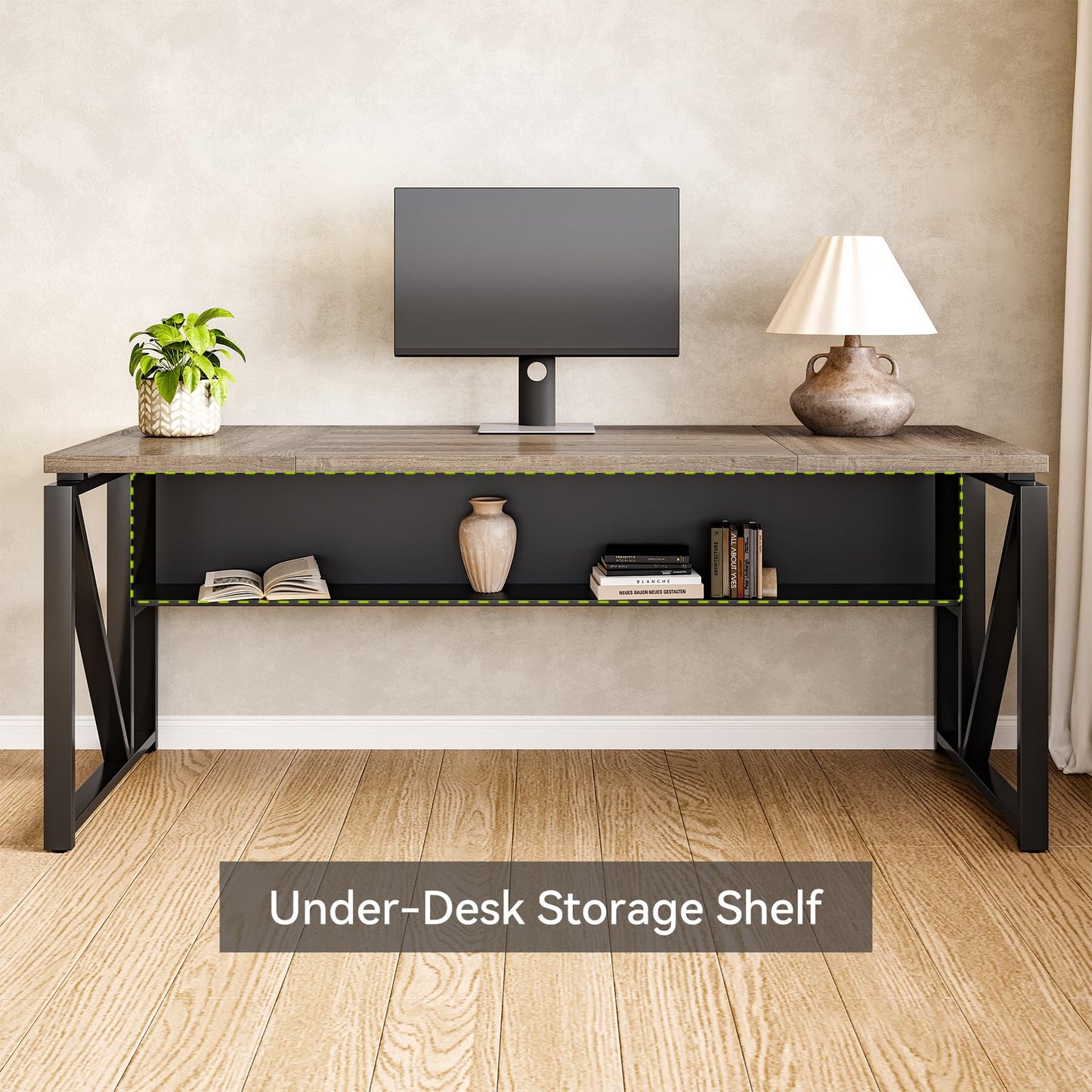 LITTLE TREE 63-Inch Executive Office Desk, Large Computer Desk with Storage Shelf, Executive Desk with Metal Frame, Study Writing Desk Work Station for Home Office, Grey + Black