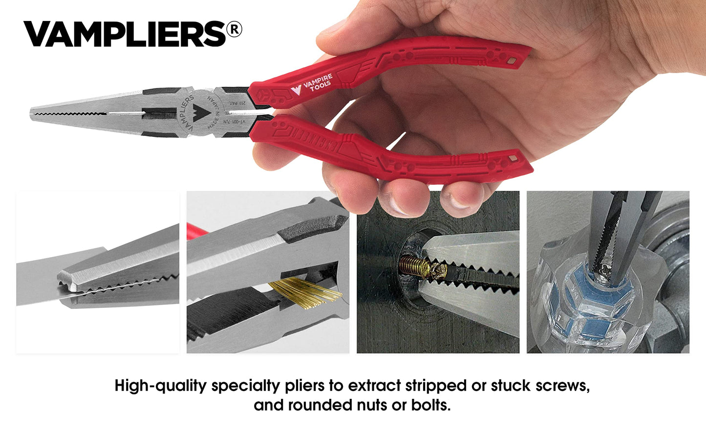 VAMPLIERS 3-PC Screw Extractor Pliers Set. Made in Japan: 8" Linesman, 7" Long Nose & 6.25" Combination Pliers. Stripped Screw Removal Tools with Unique Non-Slip Jaws & Wire Cutter.