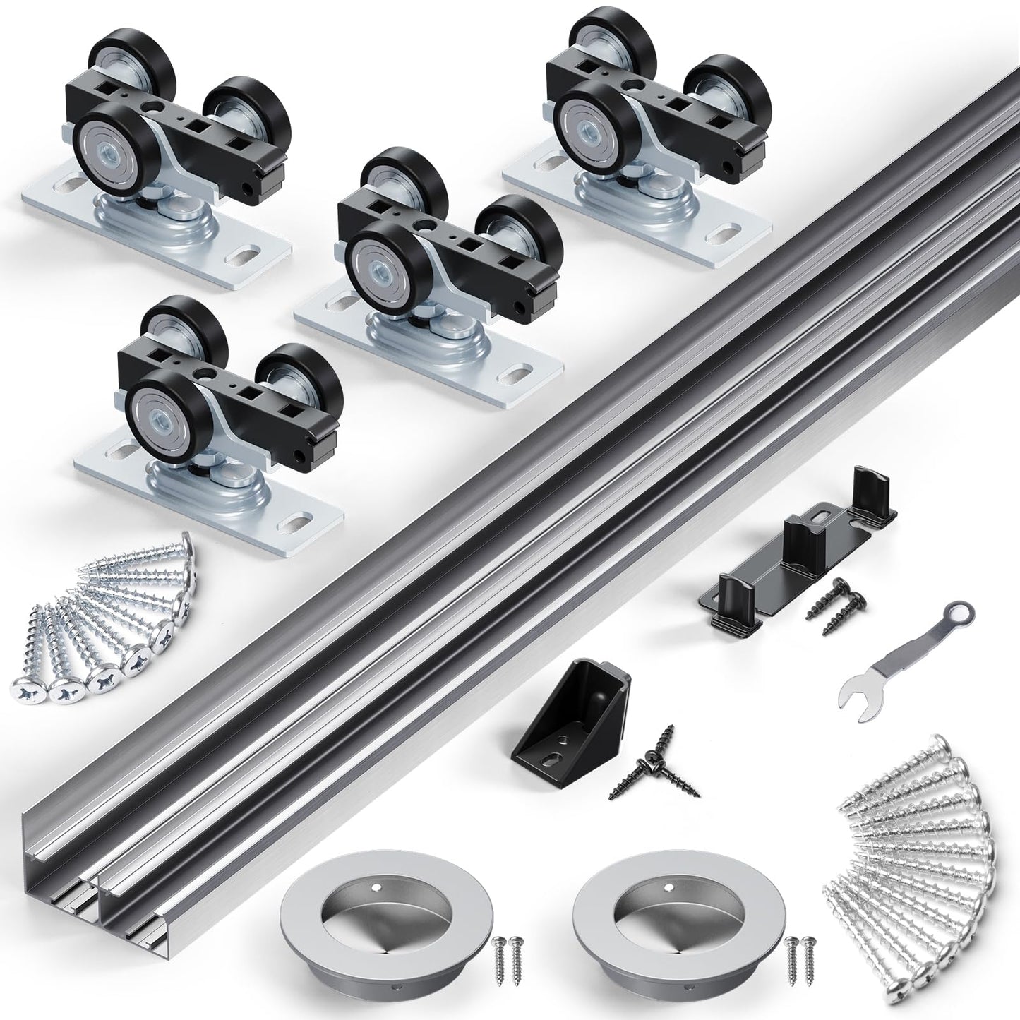 SMARTSTANDARD 96"/8FT Bypass Sliding Door Hardware Kit for Cabinet Closet, Aluminum Alloy Door Hardware with Finger Pull, for 2 Door System, Smoothly and Quietly, Fit 45.5" Wide Door Panel, No Door