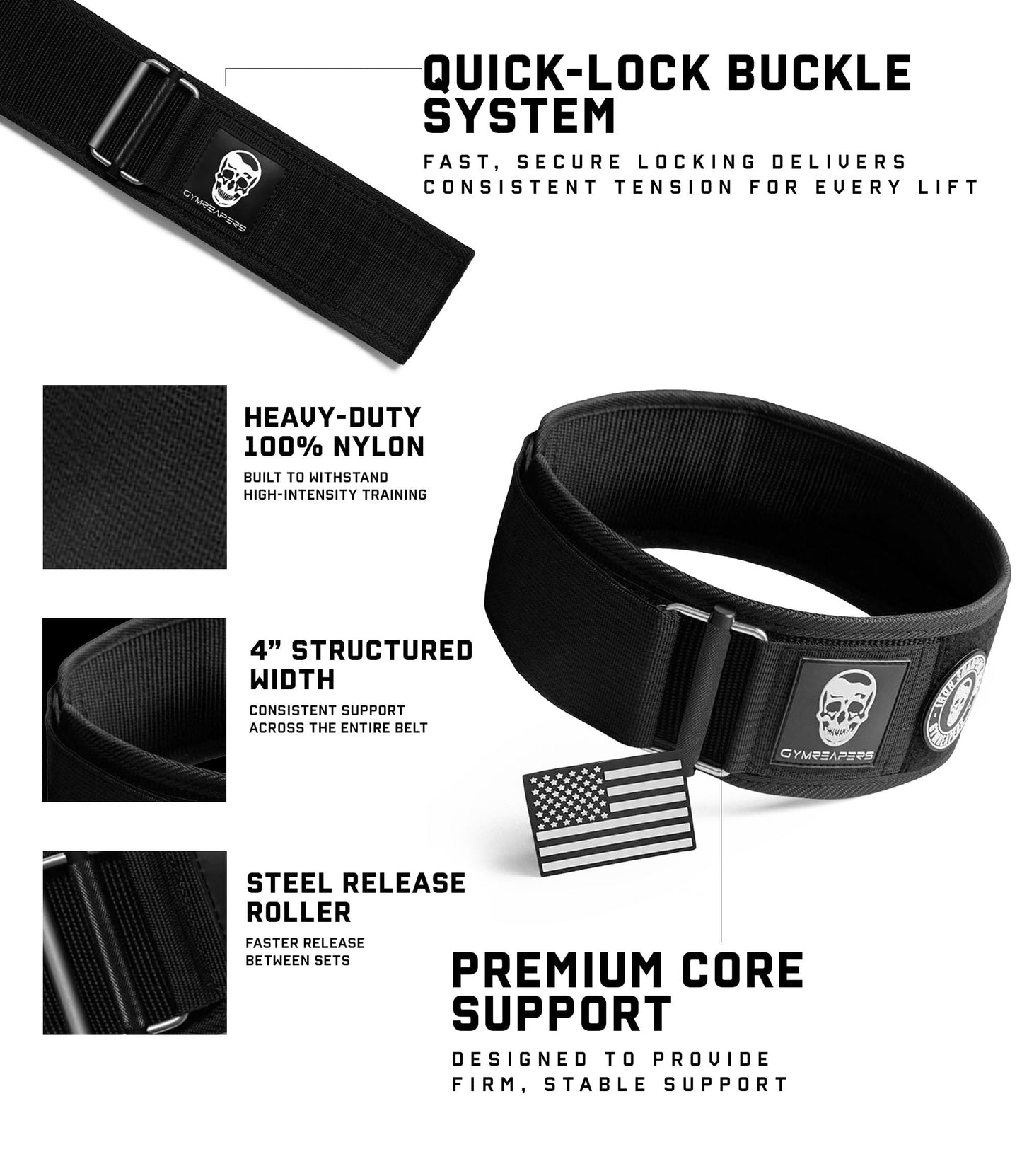 Gymreapers Quick Locking Weightlifting Belt for Bodybuilding, Powerlifting, Cross Training - 4 Inch Neoprene with Metal Buckle - Adjustable Olympic Lifting Back Support (Large, Black - Patch)