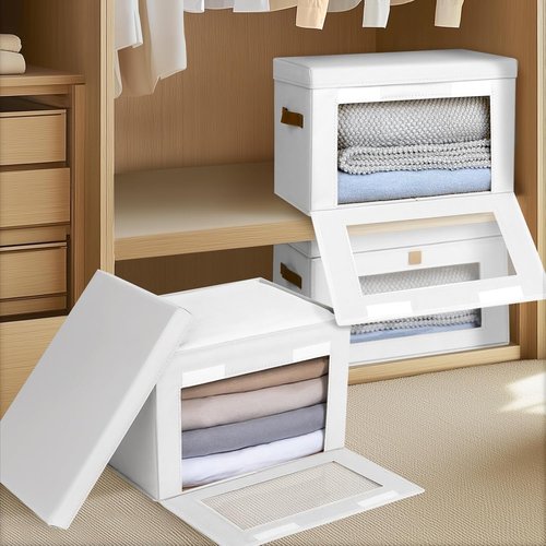 Homsorout Large Storage Bins - Collapsible Fabric Organizers with Handles & Windows | 2-Pack, White