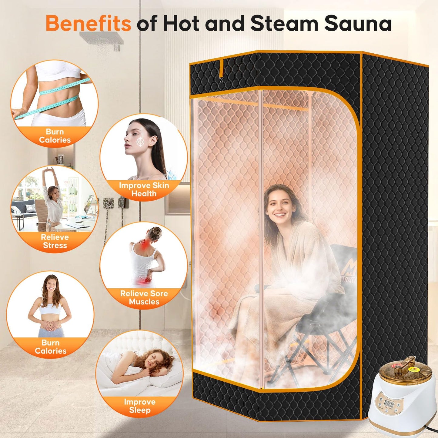 M METERXITY Portable Sauna for Home, Thickened 600D Steam Sauna Tent, Home Sauna Box with 3L 1500w Steamer, 9 Levels Heat, Folding Chair, Remote Control
