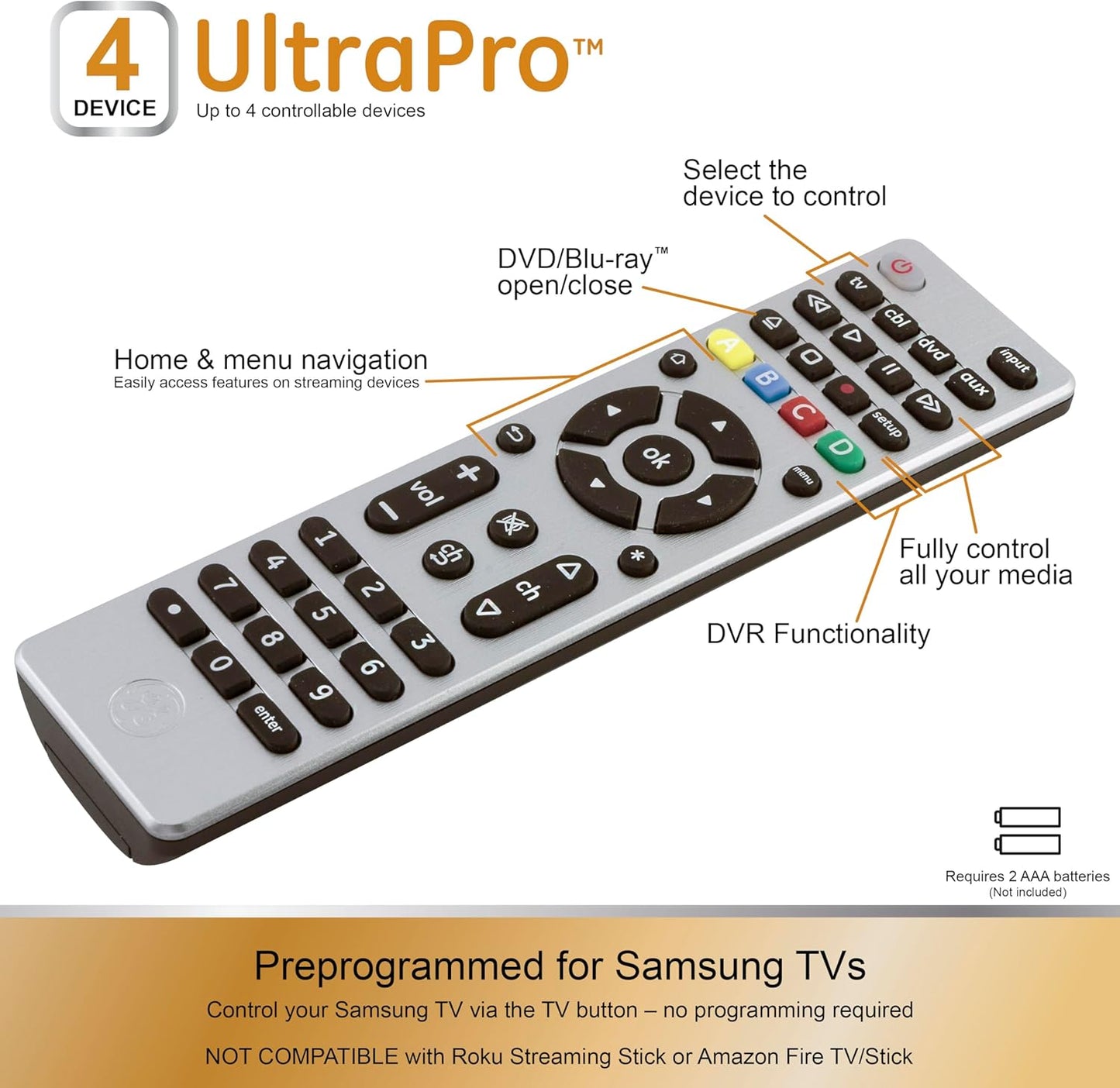 GE 4-Device 33709 Universal Remote Control, Designer Series, Brushed Nickel/Silver