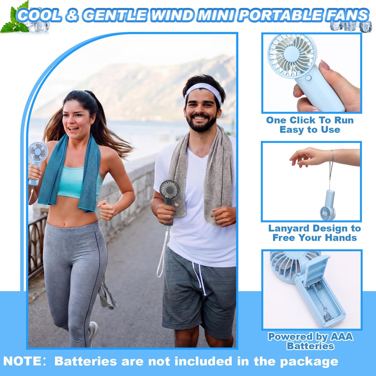 Retisee 24 Pcs Cooling Towel Mini Portable Fan Set 32 x 12 Inch Ice Towel Chilly Handheld Battery Powered Fan Cooling Sport Gifts for Travel Makeup Yoga Camping Running Summer(Fresh,Multicolor)