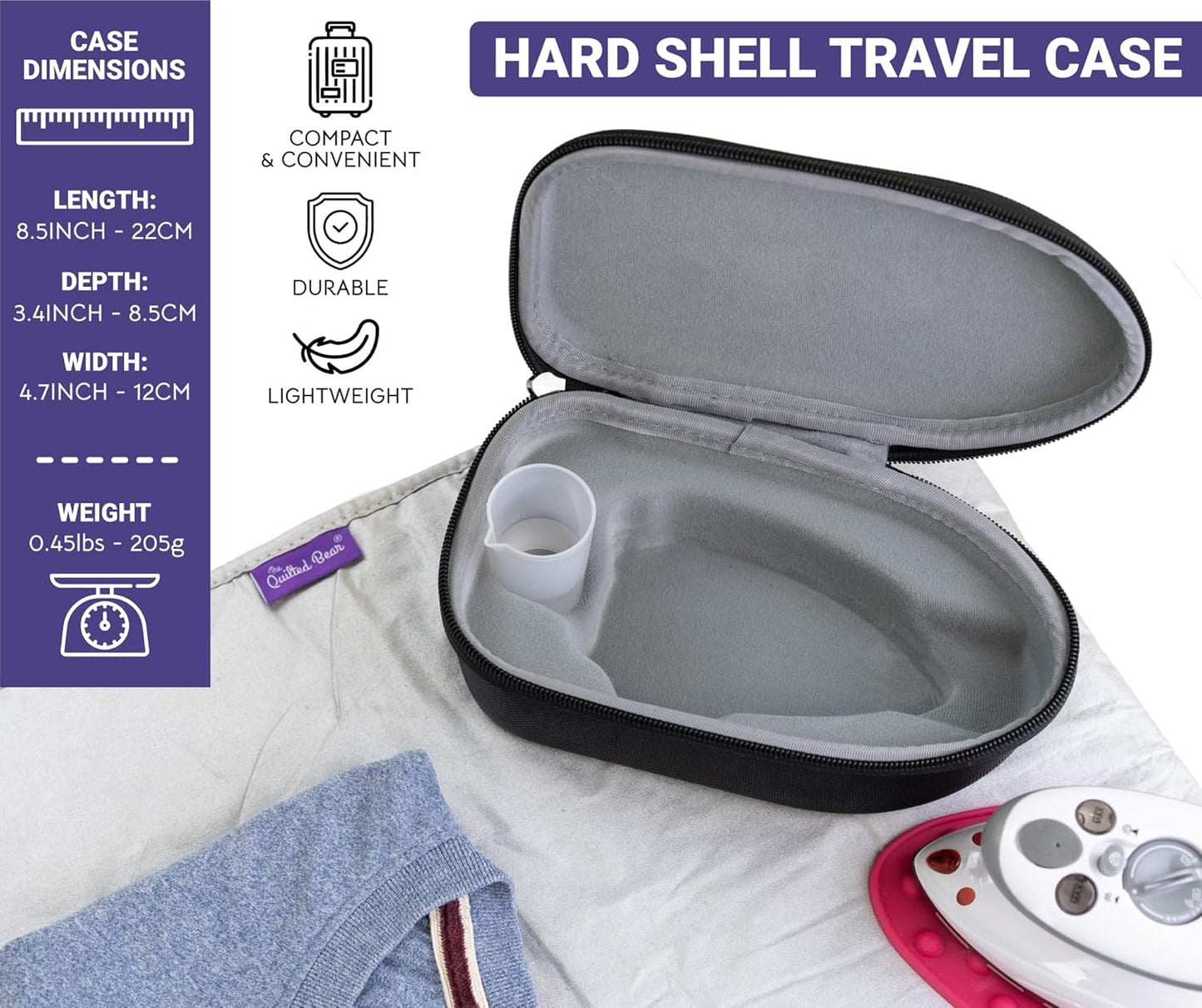 Quilted Bear Mini Steam Iron - Lightweight Travel Iron for Wrinkle-Free Clothes & Quilting - Black Hard Shell Case