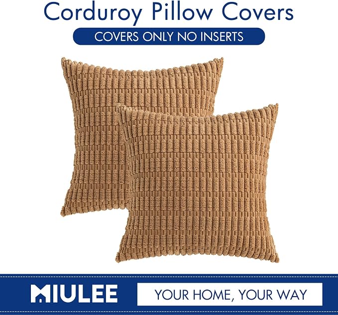 MIULEE Pack of 2 Corduroy Decorative Throw Pillow Covers 16x16 Inch Soft Boho Striped Pillow Covers Modern Farmhouse Home Decor for Sofa Living Room Couch Bed Brown