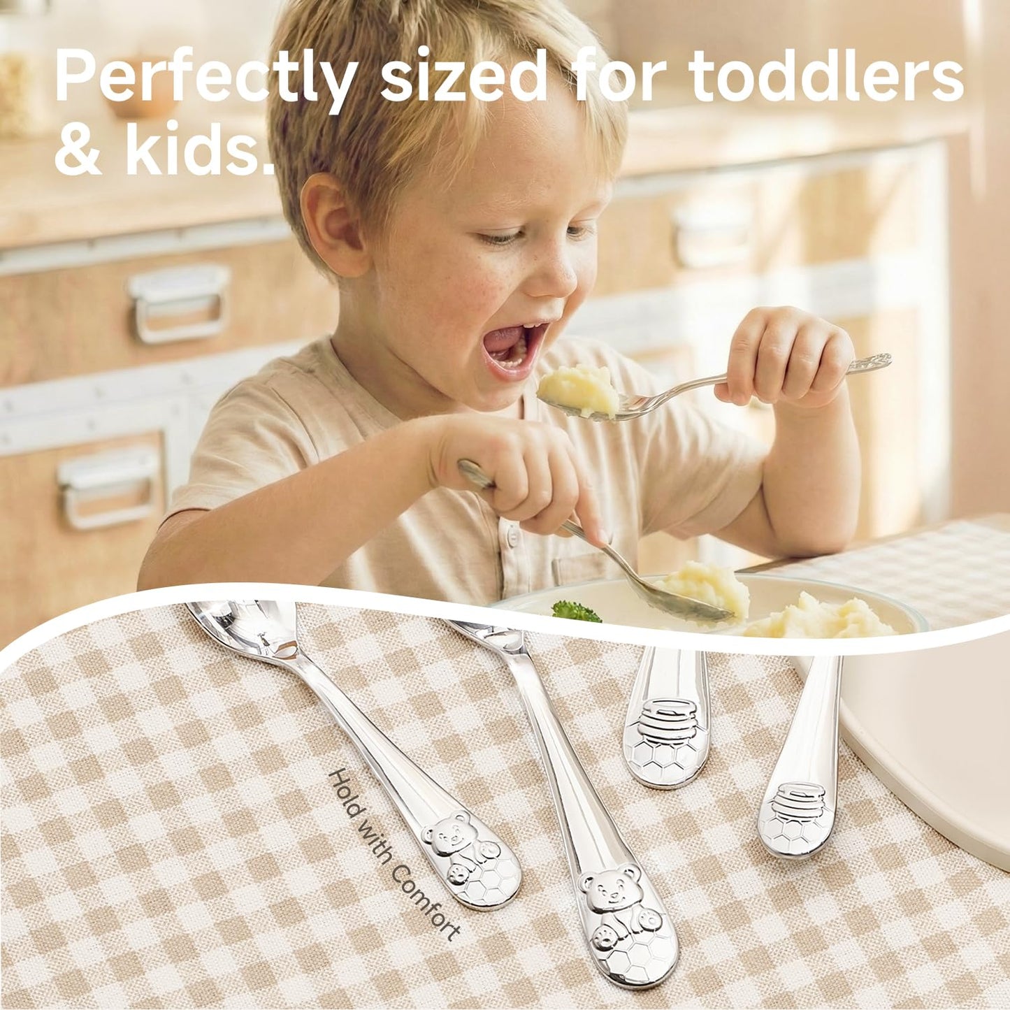 KINGSTONE Kids Silverware Set, 6-Piece Large Forks & Spoons, 18/10 Stainless Steel, Ergonomic Flatware for Self-Feeding Children, Home & Travel, Honey Bear Print