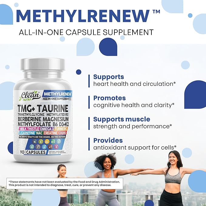 Clean Nutra TMG Supplements 1000mg | Methylated Multivitamin for Women Men | Taurine B6 Vitamins B12 D3 K2 Trimethylglycine Magnesium Methylfolate Milk Thistle NAC COQ10 B Supplement Complex Capsules