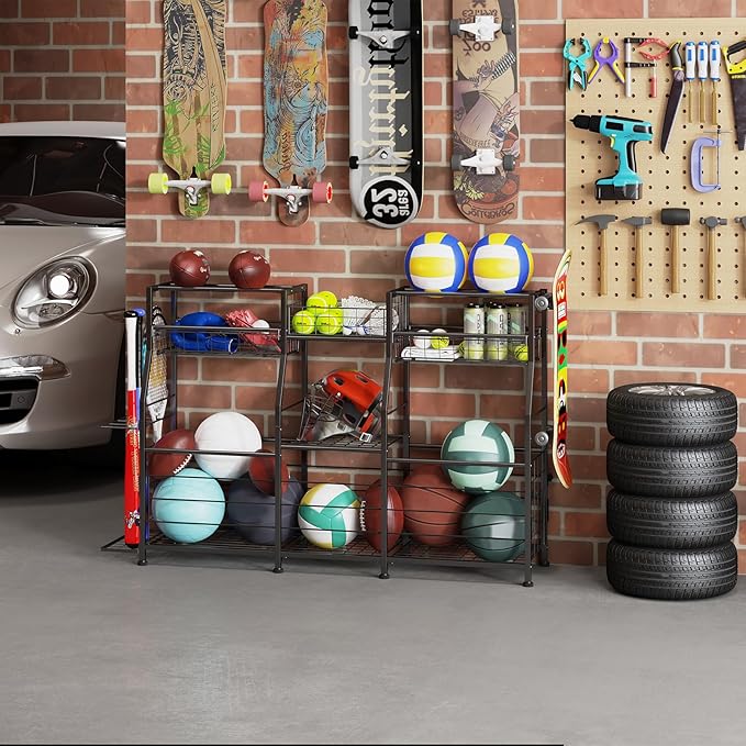 Garage Sports Equipment Organizer - Ball Storage Rack with Elastic Rope or Wire Mesh,Garage Organizer System with Wheels,Indoor/Outdoor Sports Rack for Sports Gear and Toys Storage,Black