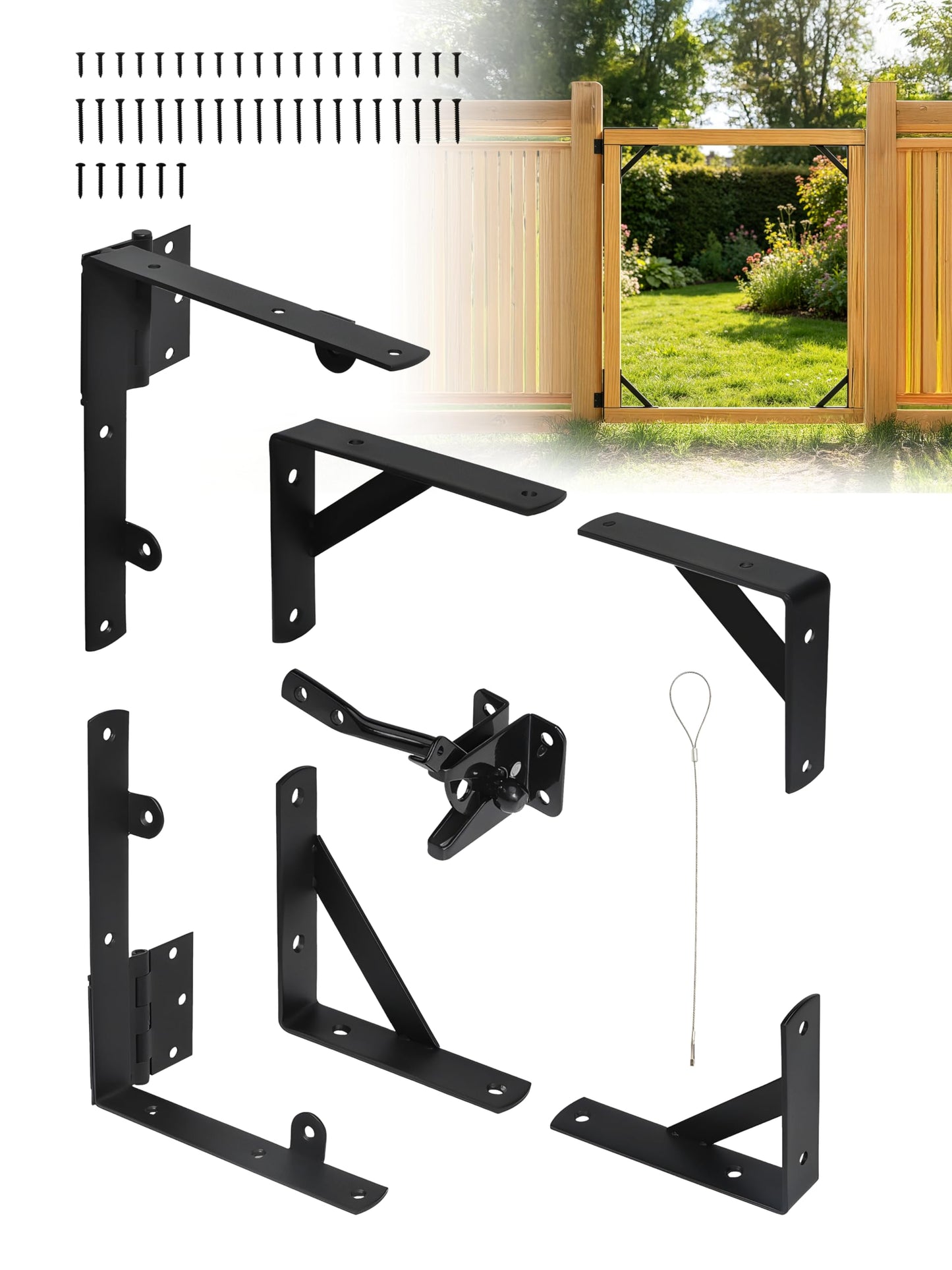 Wmebee Anti Sag Gate Kit, Fence Gate Kit Gate Hardware,Heavy Duty No Sag Anti Twist Gate Frame Corner Brace Bracket with Self-Locking Gate Latch for Wooden Fence Gate (1 Door Set)
