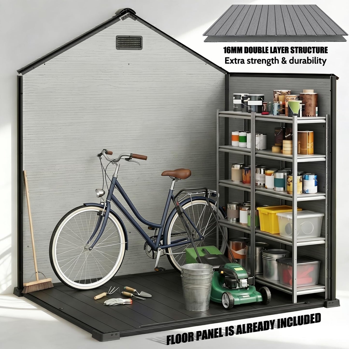 EHHLY 6x4.4 FT Outdoor Storage Shed with Floor, Durable 16mm Resin Shed for Backyard & Patio, Waterproof Lockable Tool Shed with Window & Vents for Bikes, Lawn Equipment & Garden Tools, Gray
