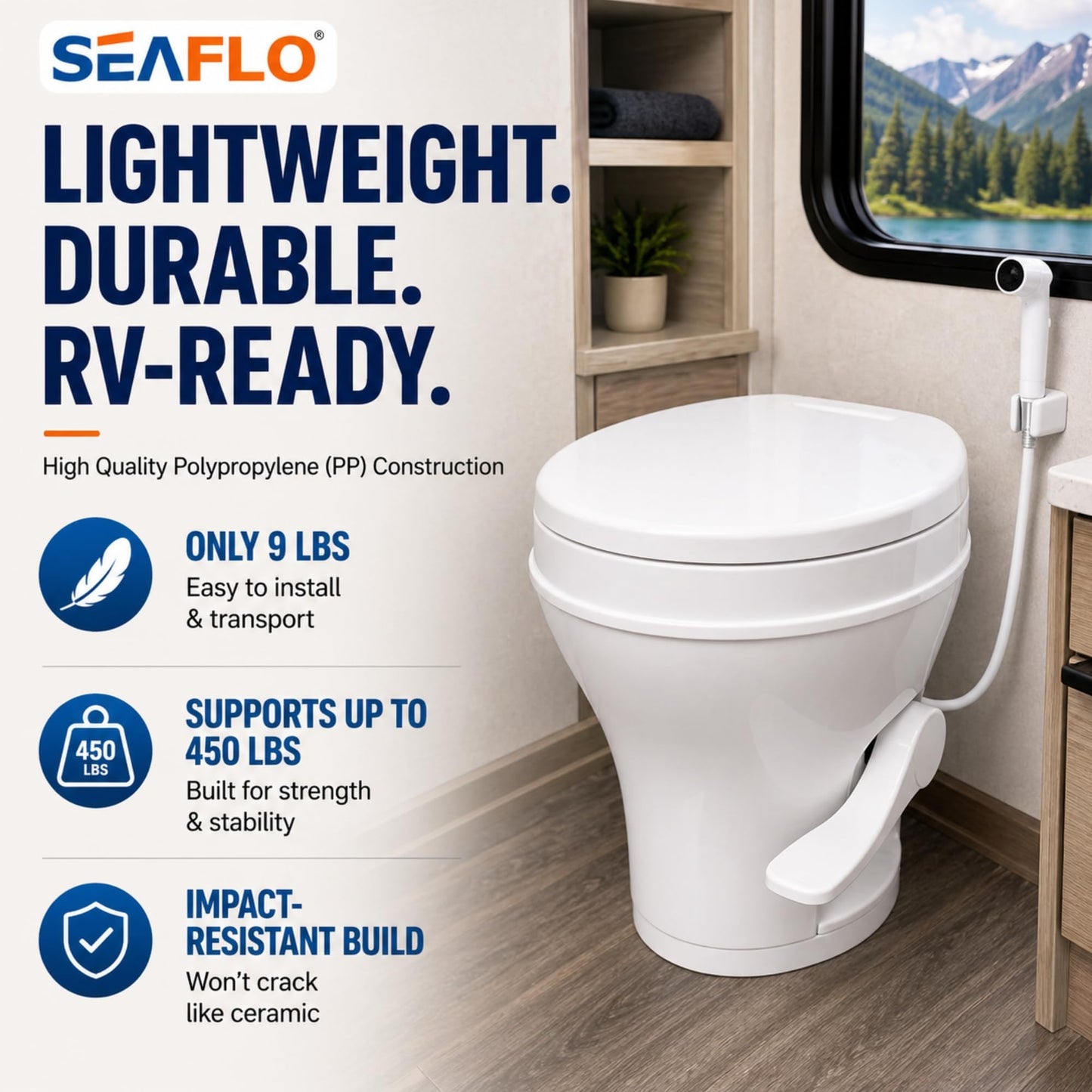 SEAFLO RV Toilet with Sprayer Attachment - White, 18.4” Residential Height, Gravity Flush Foot Pedal Camper Toilet Soft Close Seat Elongated Bowl Motorhome, 4-Year Warranty, SFRTPH-01-02