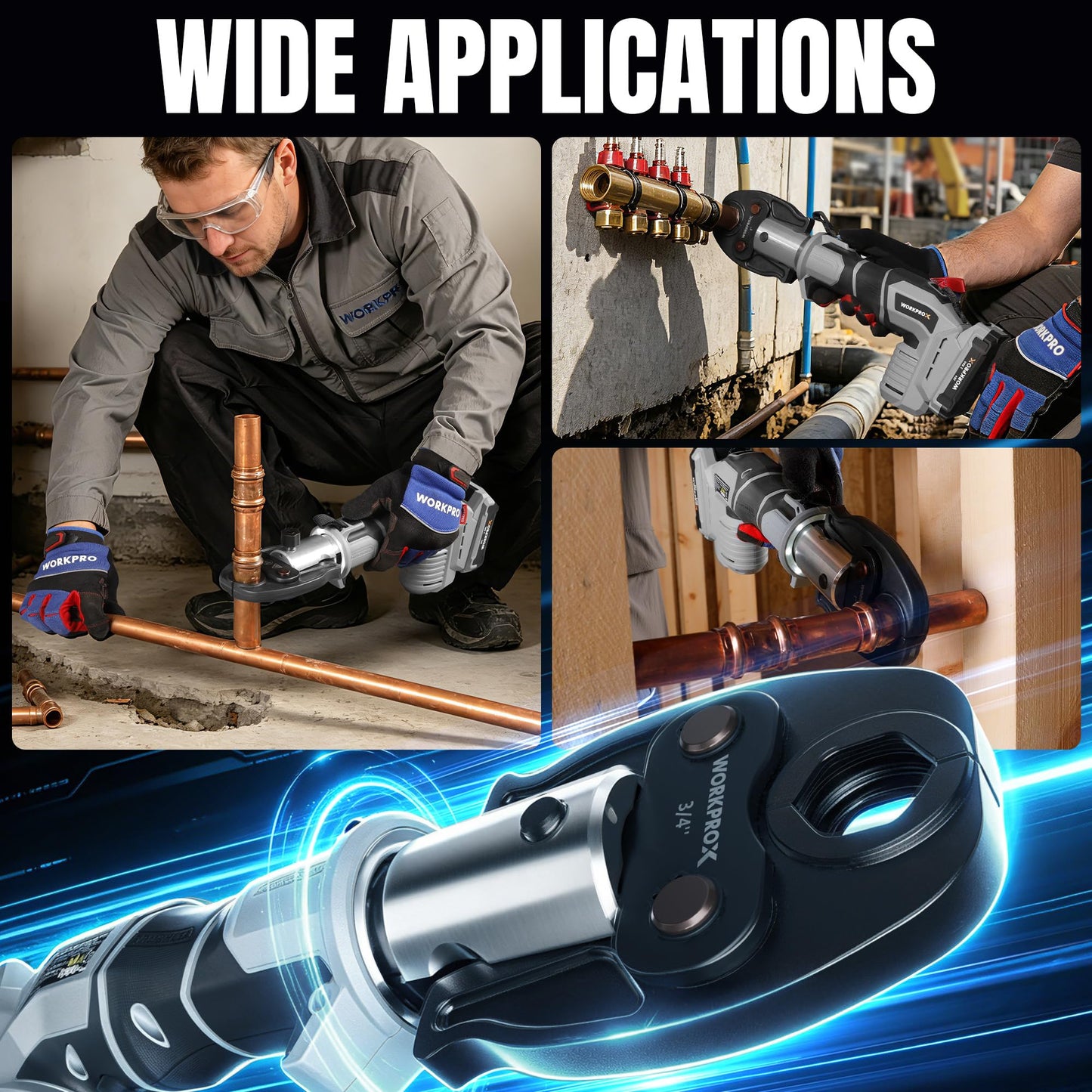 WORKPROX Press Tool, 20V Brushless Electric Pipe Crimping Tool for 1/2", 3/4", 1" Copper Pipes, Cordless Press Tool Kit with 3 Press Jaws, 2-Pack 2.0Ah Batteries with Carrying Case