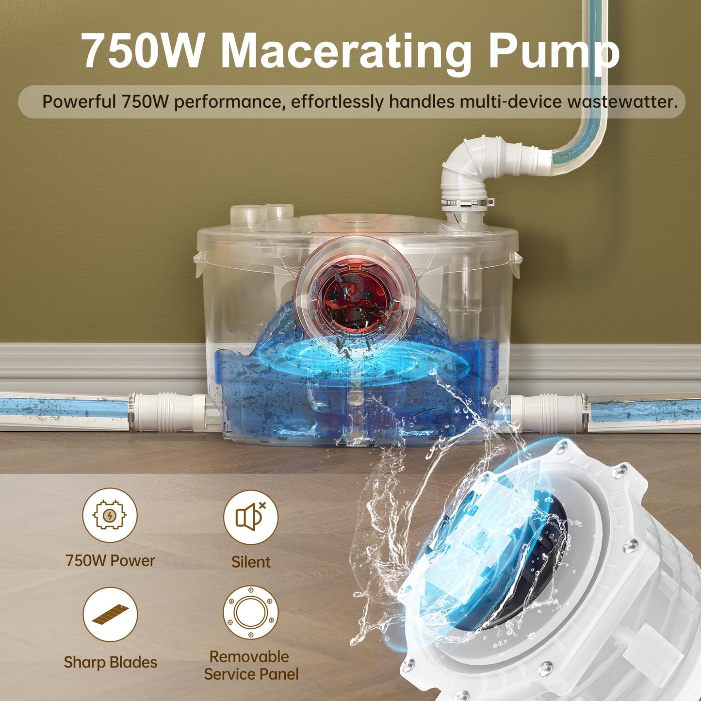 SUPERFLO 750W Macerating Toilet System - Powerful & Quiet, Upflush Toilet for Basement with 4 Water Inlet for Basements & Garage, Macerator Toilets Pump System - Easy Installation