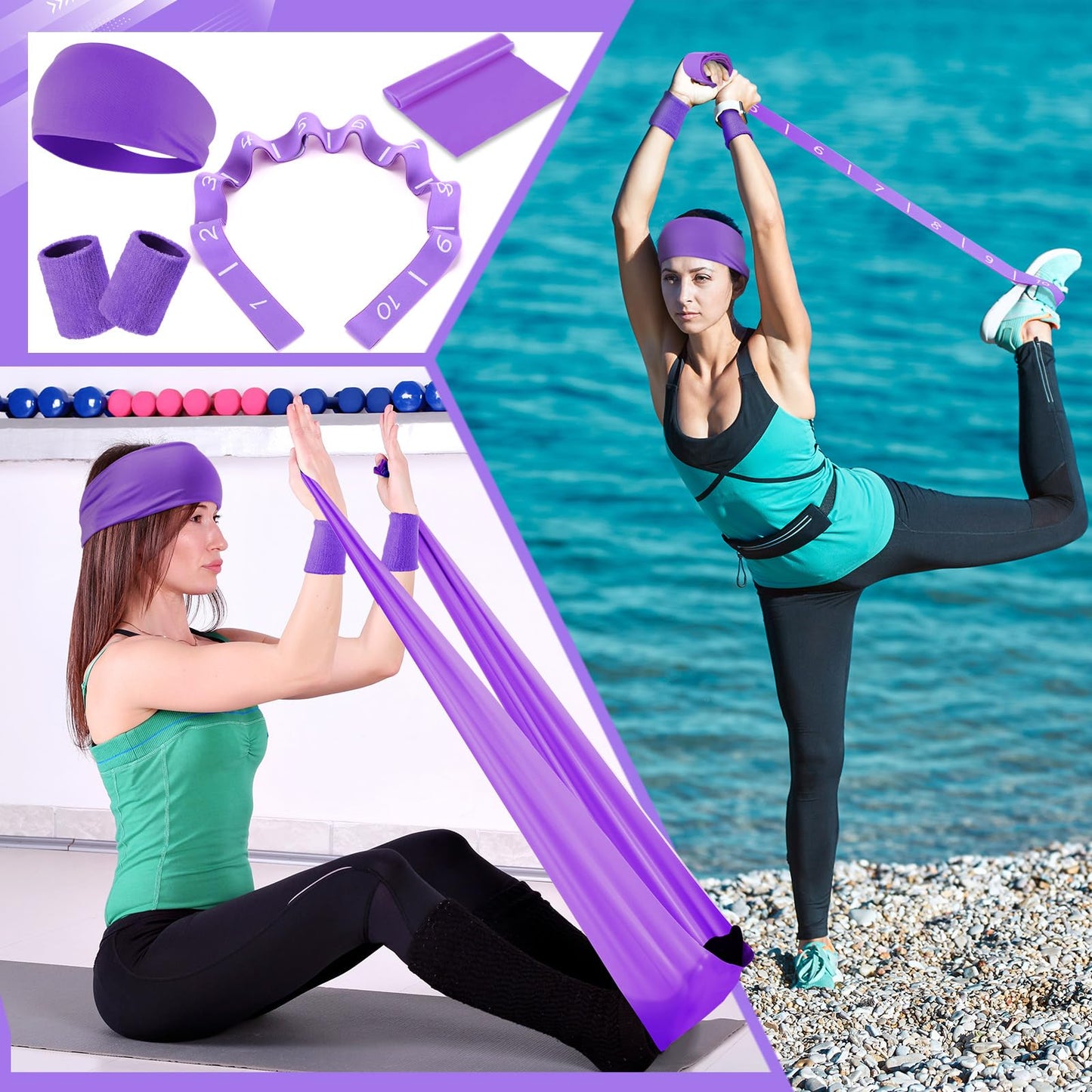 Poen 18 Pcs Home Pilates Ball and Ring Circle Set Yoga Fitness Essentials Kit with 5 Resistance Band Stretching Strap Non Slip Sock Ball Core Slider Wristband Headband Gym Bag for Women(Purple)