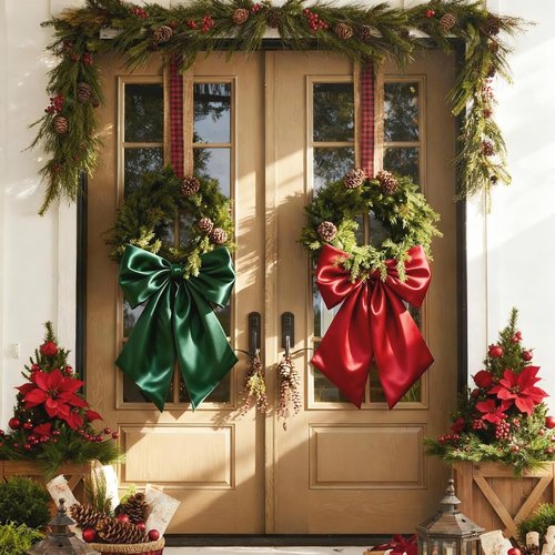 **Giant Red & Green Satin Christmas Bows - 23 x 11 Inch Decorative Bows for Wreaths & Gifts (4 Pack)**