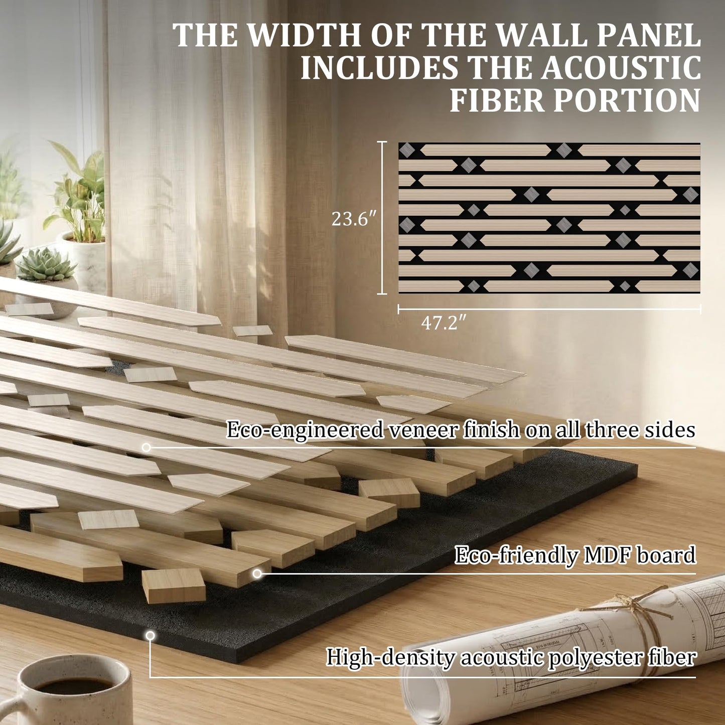 PVC Acoustic Wall Panels, Geometric Sound-Reducing Panels with Built-in Acoustic Layer, 23.6 × 47.2 Inches, 4 Panels per Box, Modern Decorative Wall Panels (Grey) (Natural)