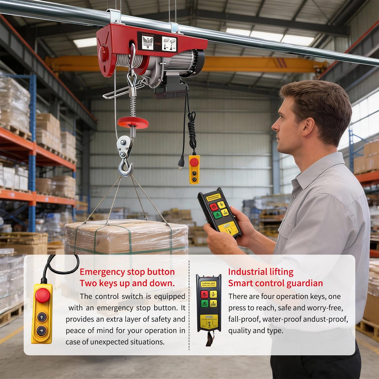 Electric Hoist, 1320 lbs 110V Electric Winch with 328 ft Wireless & 14 ft Wired Remote Control, Single/Double Slings, 40 ft Single Cable Lifting Height, Lift Hoist for Garage Warehouse Factory