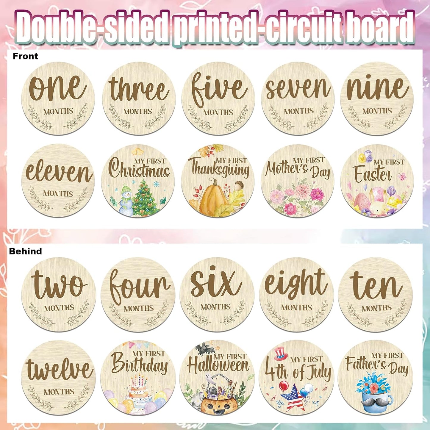 Threetols 11PCS Wooden Baby Monthly Milestone Cards Sign, Double Sided Newborn Photography Prop Pregnancy Journey Baby