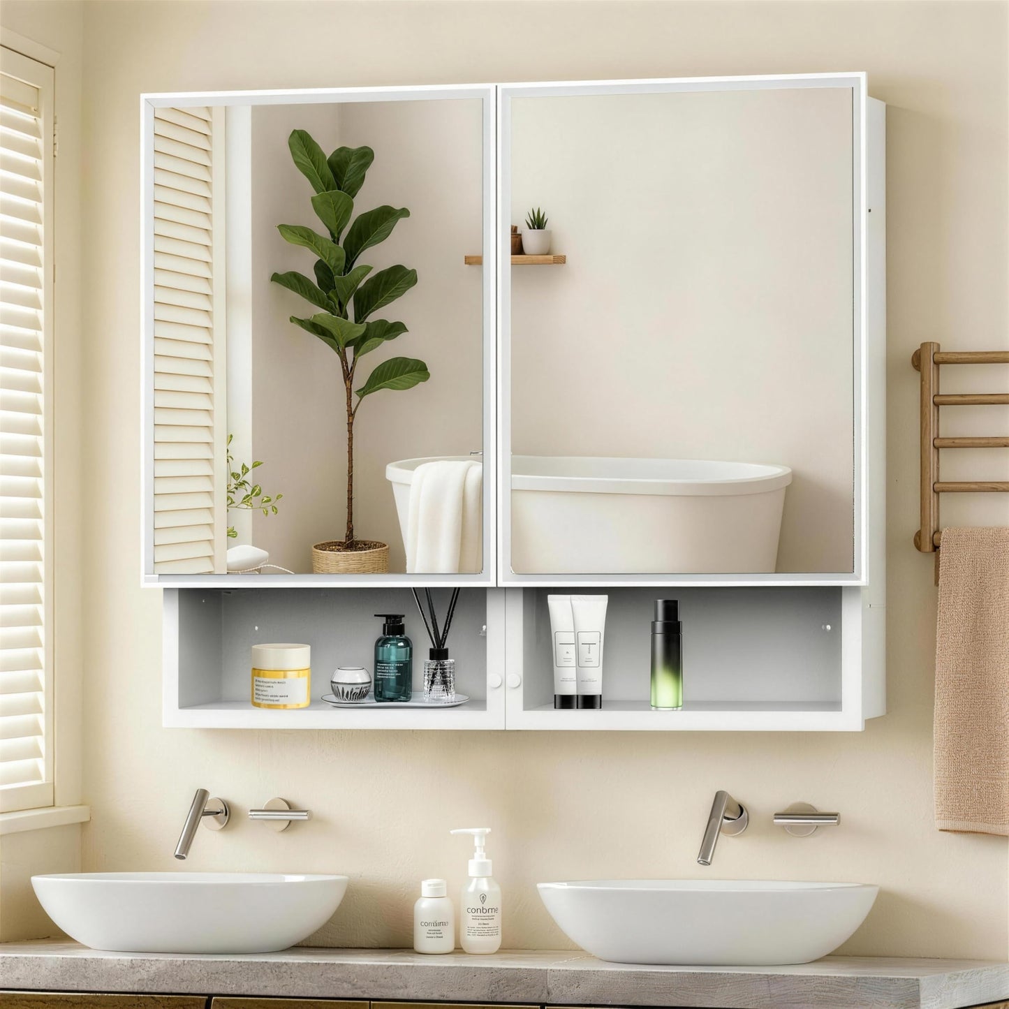 HESONTH 32x26 Inch Bathroom Medicine Cabinet with Mirror, Double Door Wall Mounted Storage with Extra Drawers, Bevel Edge Mirror, Adjustable Shelves, for Recessed or Surface Mount Installation