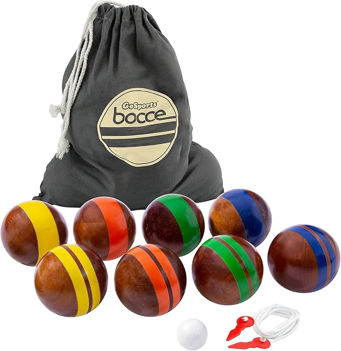 GoSports 100 mm Hardwood Bocce Set with 8 Premium 12 oz Wood Balls, Pallino, Case and Measuring Rope