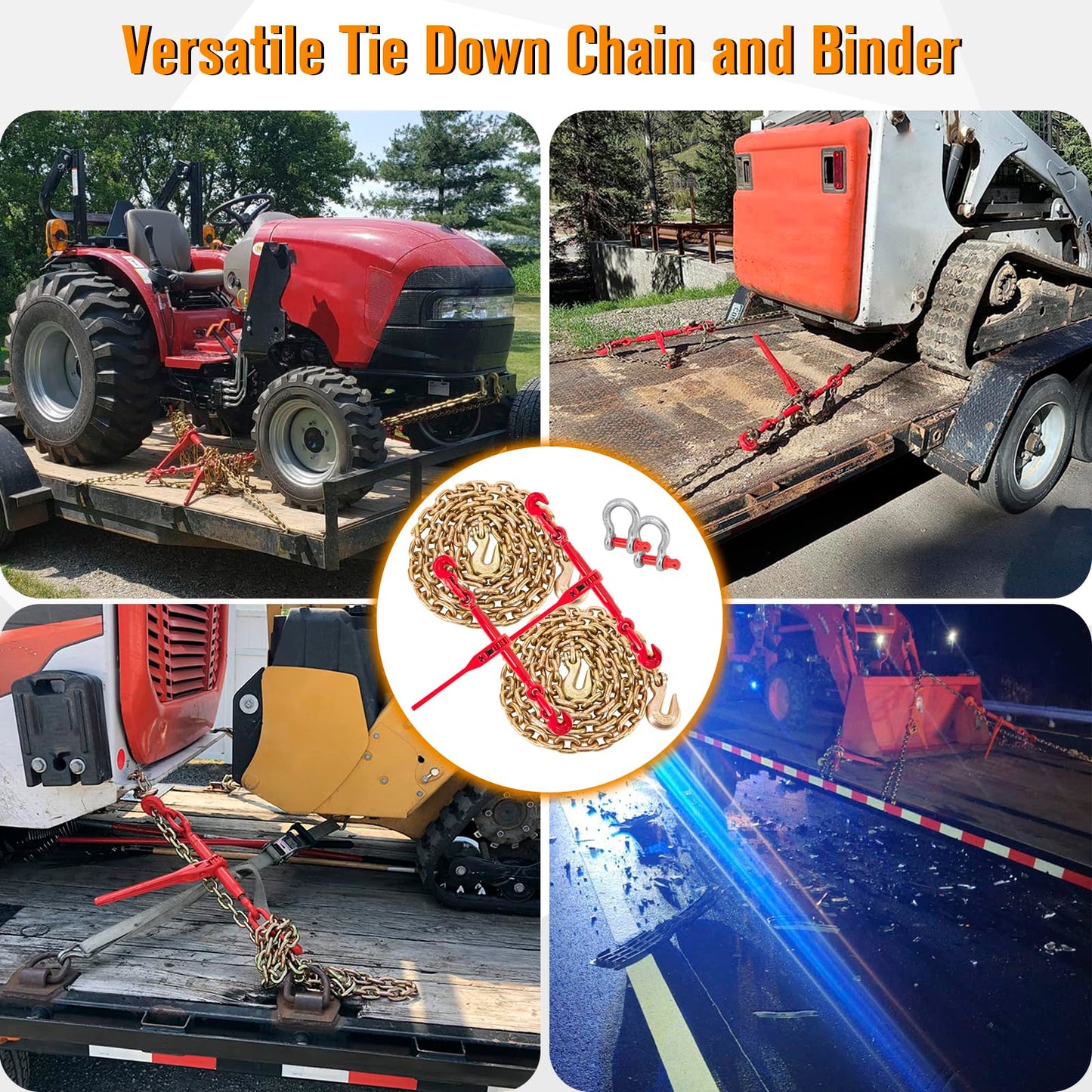 Chain Binders, Transport Chain, Tie Down Chain and Binder 3/8''-1/2'', 10Ft Chains with G70 Hooks, Ratchet Load Binders 9215Lbs Working Strength, Towing Chain for Flatbed Trailer Truck