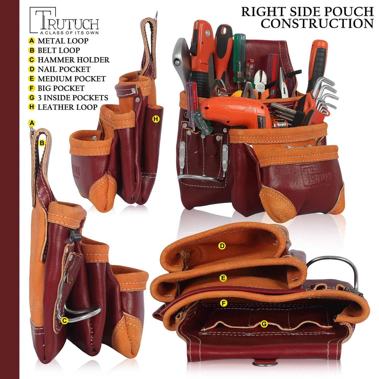 TRUTUCH Grain Leather Tool Belt | Tool Rig Set | Tool Pouch | Drywall | Carpenter Tool Bag | Leather Tool Belts for Men | Construction | Framers | Electrician (Maroon)