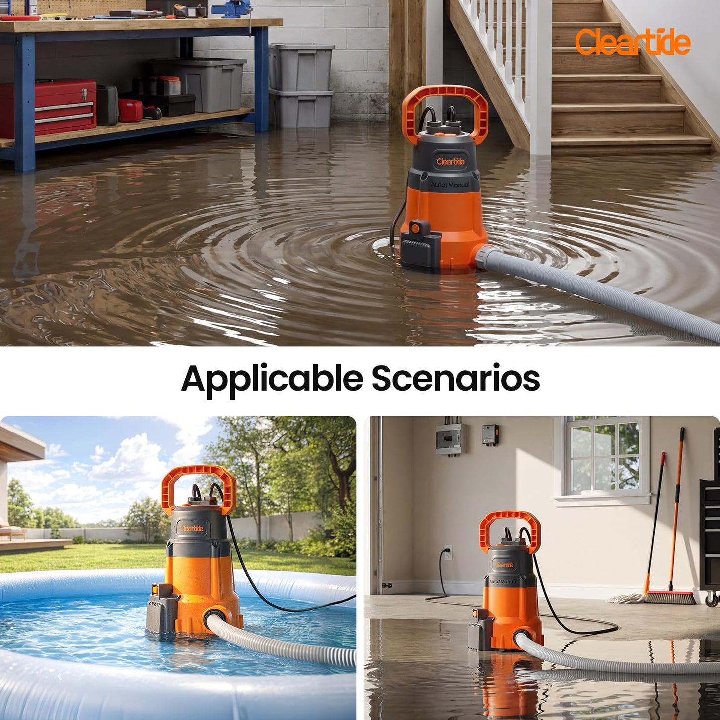 Cleartide 1/3 HP Submersible Utility Pump, 2790 GPH High Flow, Thermoplastic Portable Sump Pump with Auto Water Sensor, Ideal for Pool, Flooded Basement, Hot Tub, Pond & Garden Draining,10 FT Cord