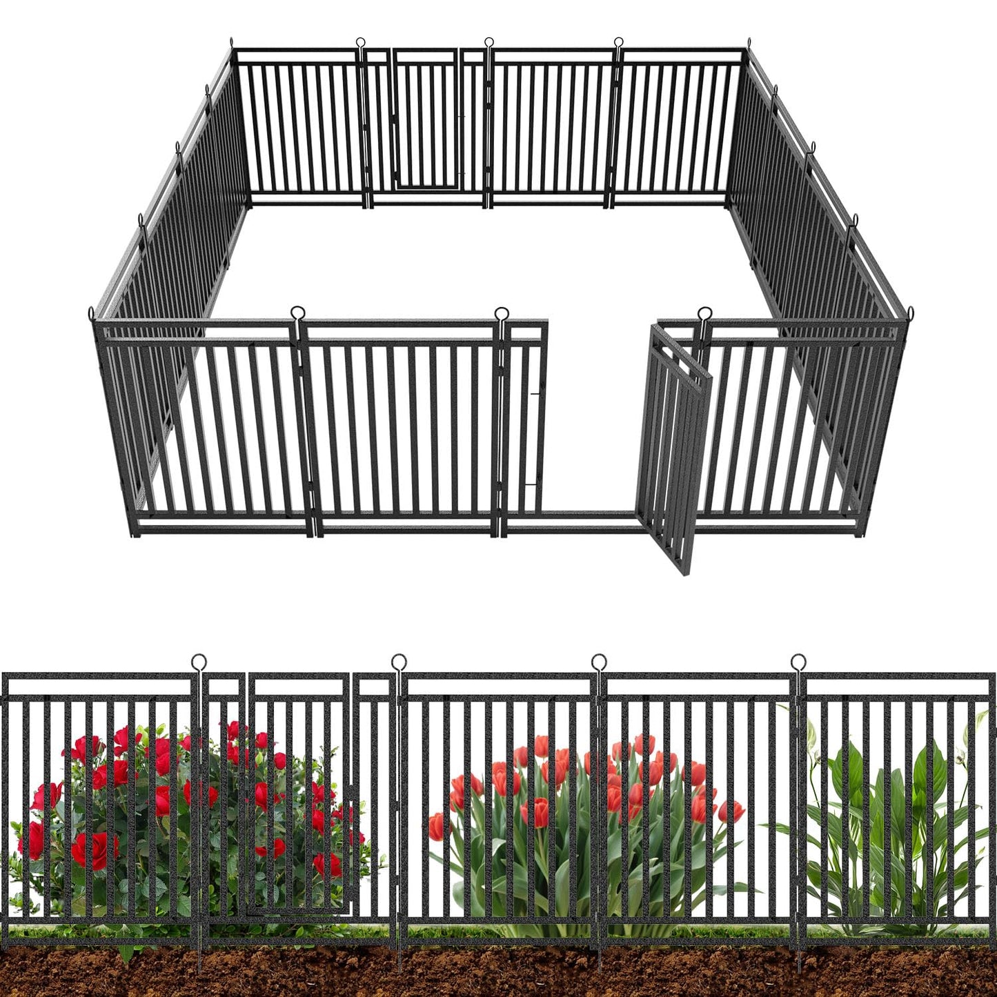 Decorative Garden Fence Metal Dog Fence Outdoor for Yard, 36ft (L) × 40in (H), 14 Panels + 2 Gates, Rustproof Animal Barrier Fencing for Patio & Flower Bed, No Dig, Black-Silver