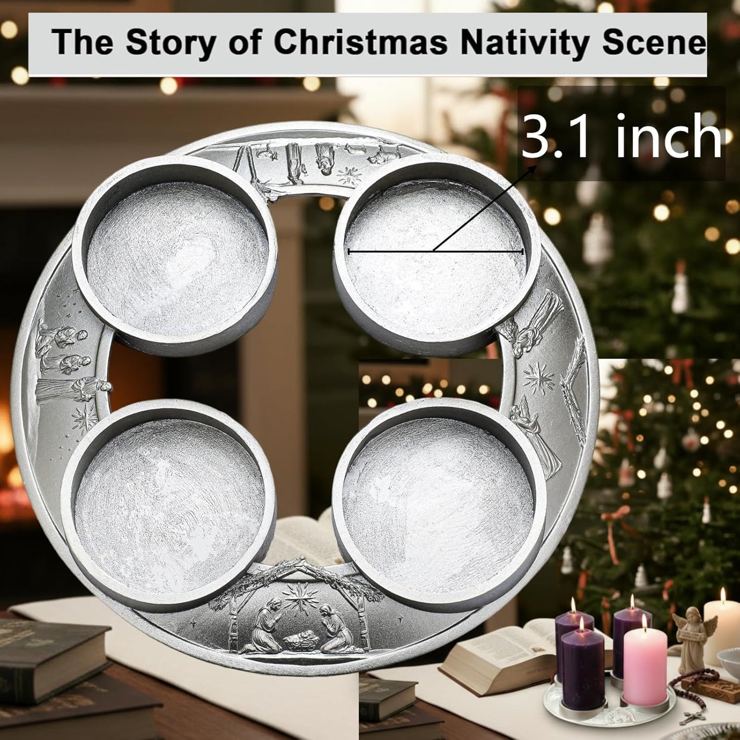 Shellwei Advent Wreath Candle Holder - Metal Nativity Scene Design for Christmas Centerpiece Decor | Fits 3-Inch Pillar Candles